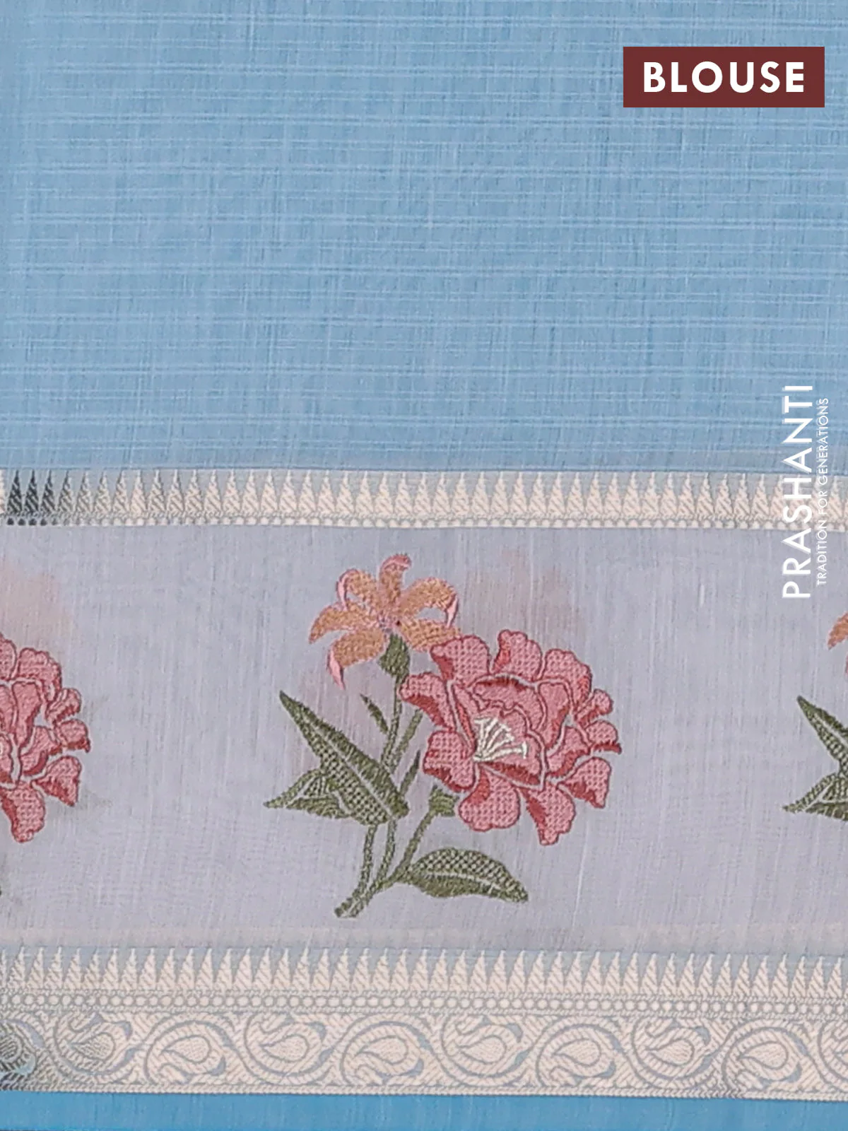 Kota saree light blue and off white with plain body and embroidery work border - Image 4