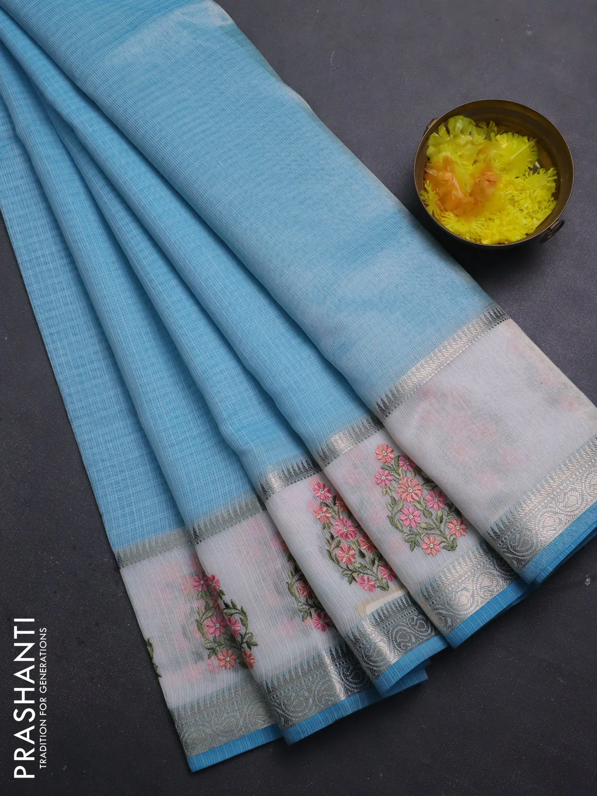 Kota saree light blue and off white with plain body and embroidery work border