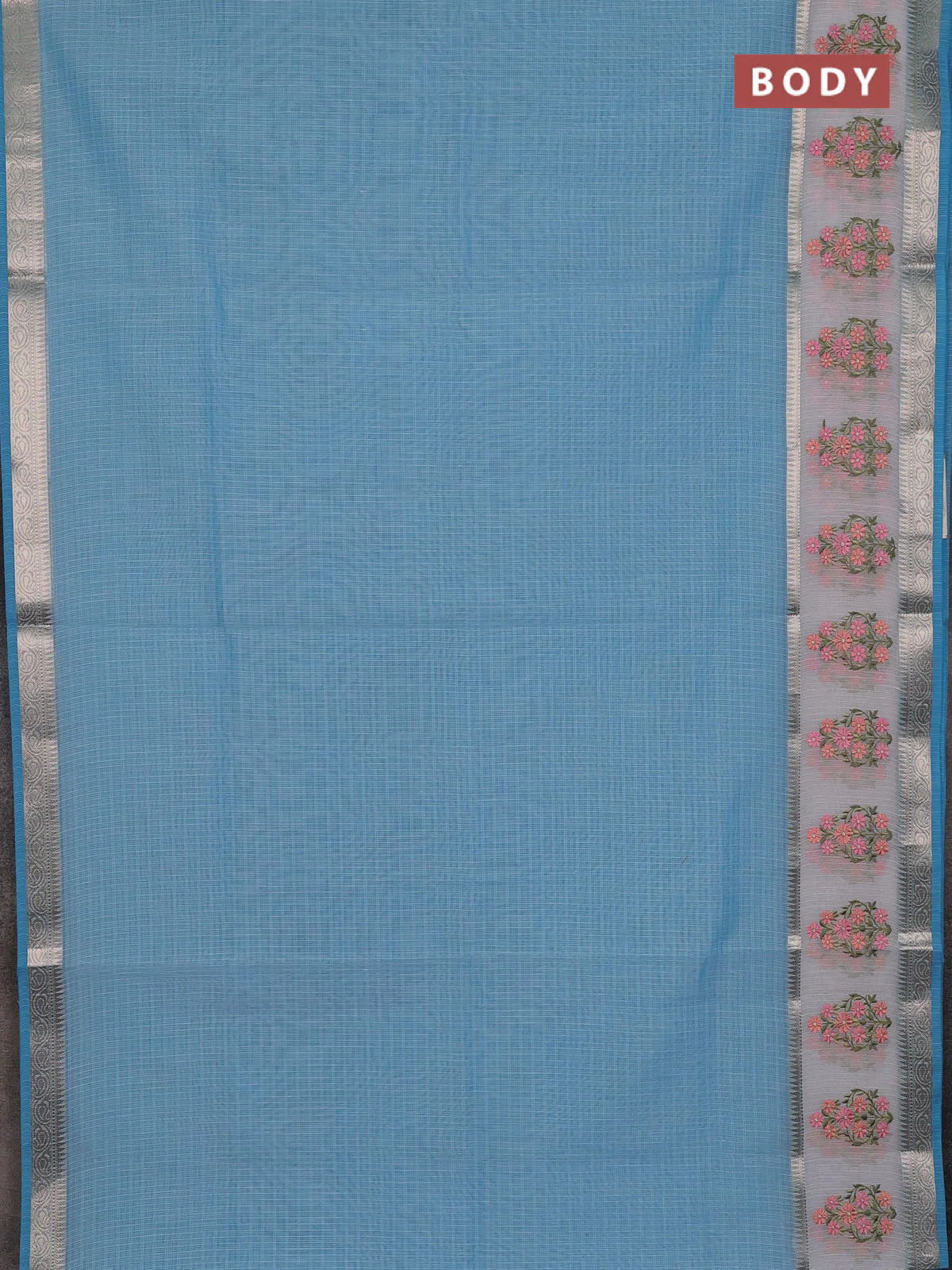 Kota saree light blue and off white with plain body and embroidery work border - Image 2