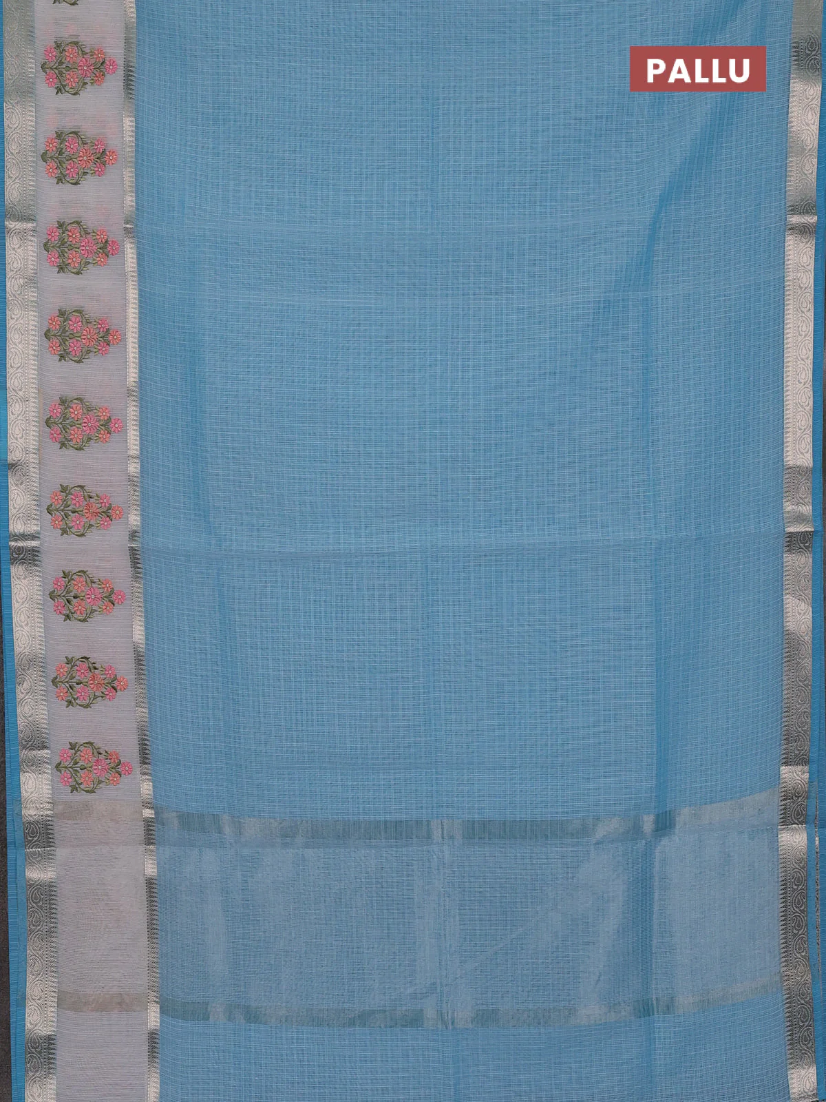 Kota saree light blue and off white with plain body and embroidery work border - Image 3