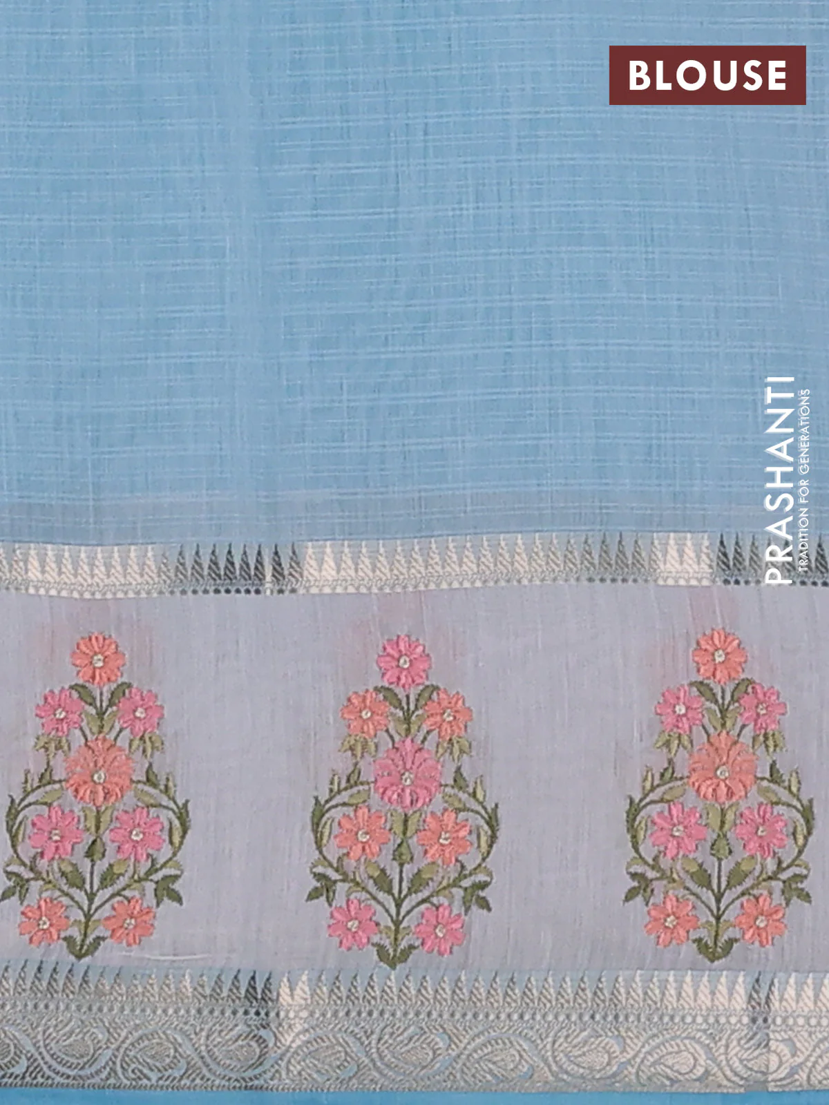 Kota saree light blue and off white with plain body and embroidery work border - Image 4
