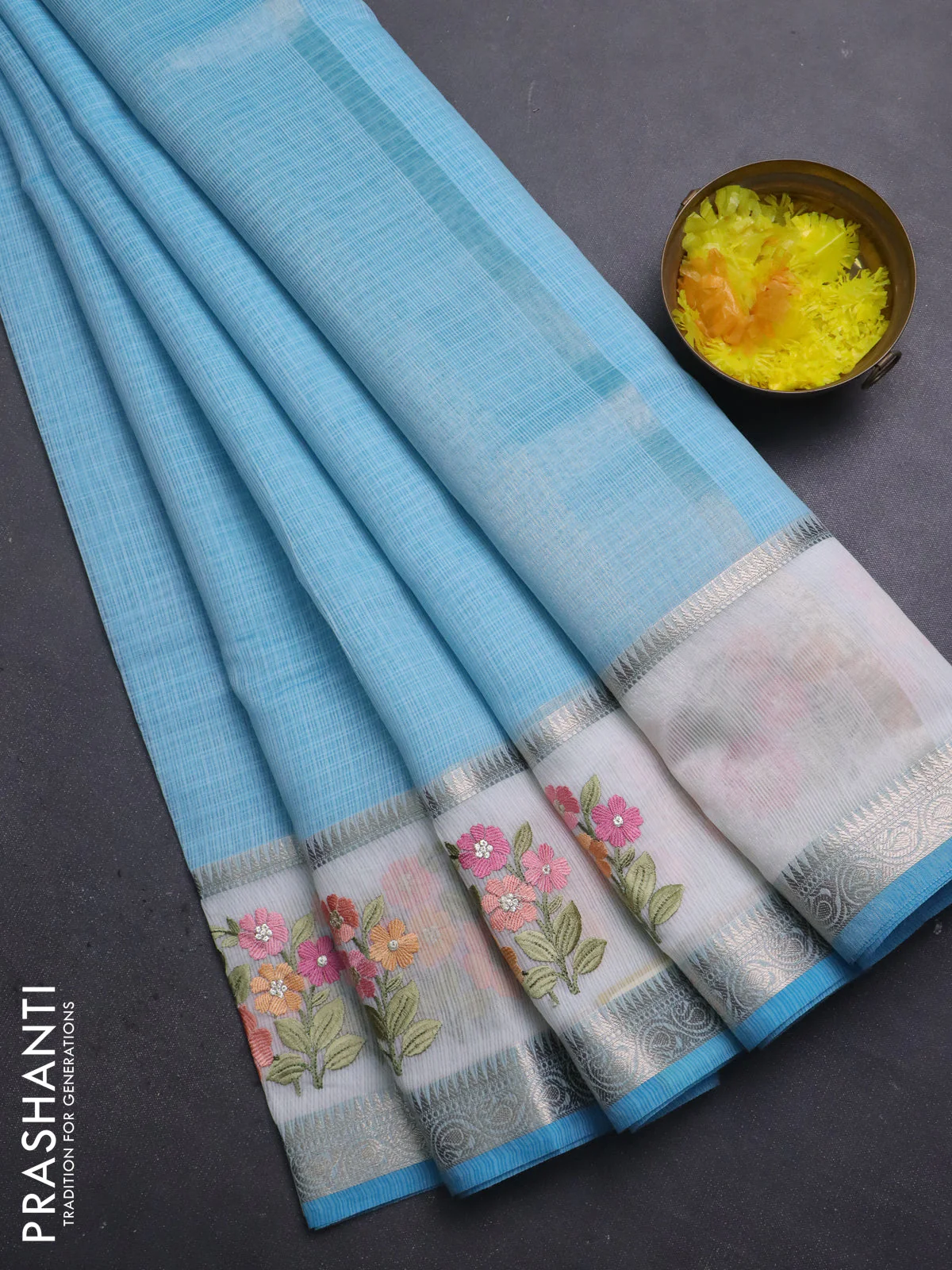 Kota saree light blue and off white with plain body and embroidery work border