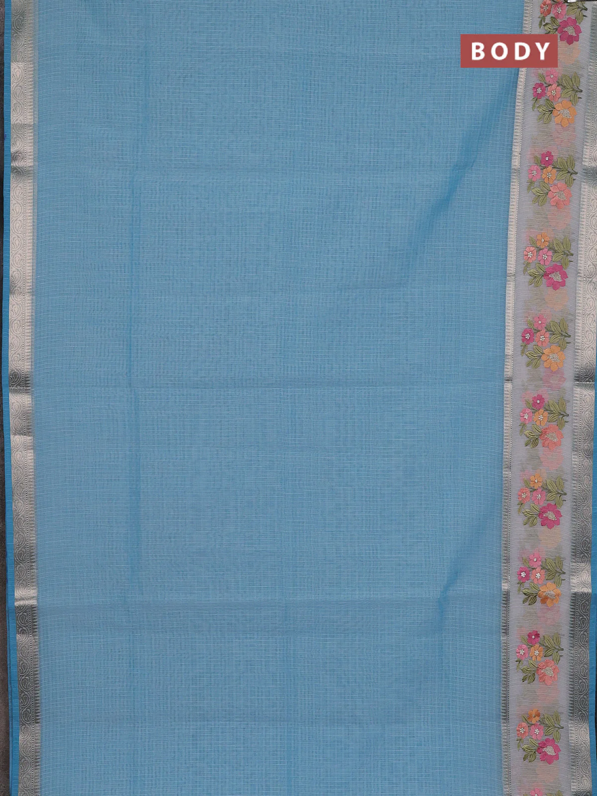 Kota saree light blue and off white with plain body and embroidery work border - Image 2