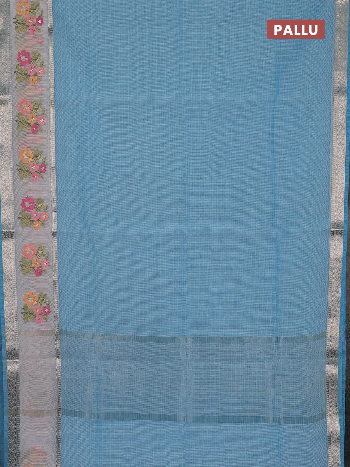 Kota saree light blue and off white with plain body and embroidery work border - Image 3