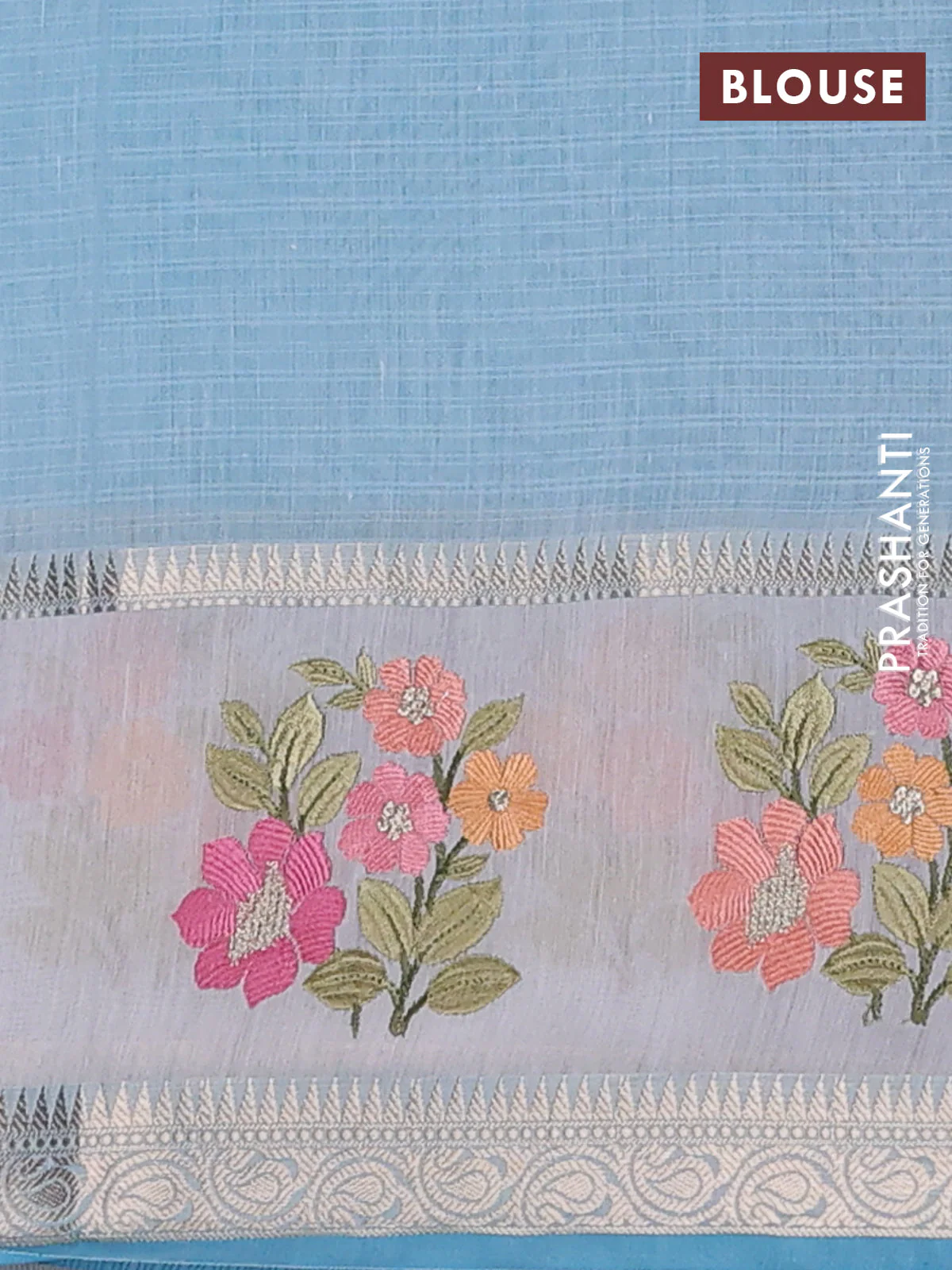 Kota saree light blue and off white with plain body and embroidery work border - Image 4