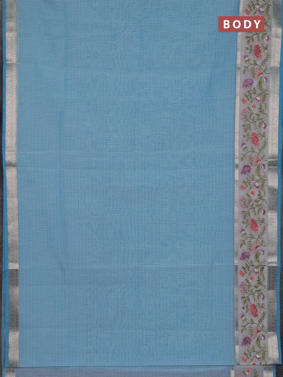 Kota saree light blue and off white with plain body and embroidery work border - Image 2