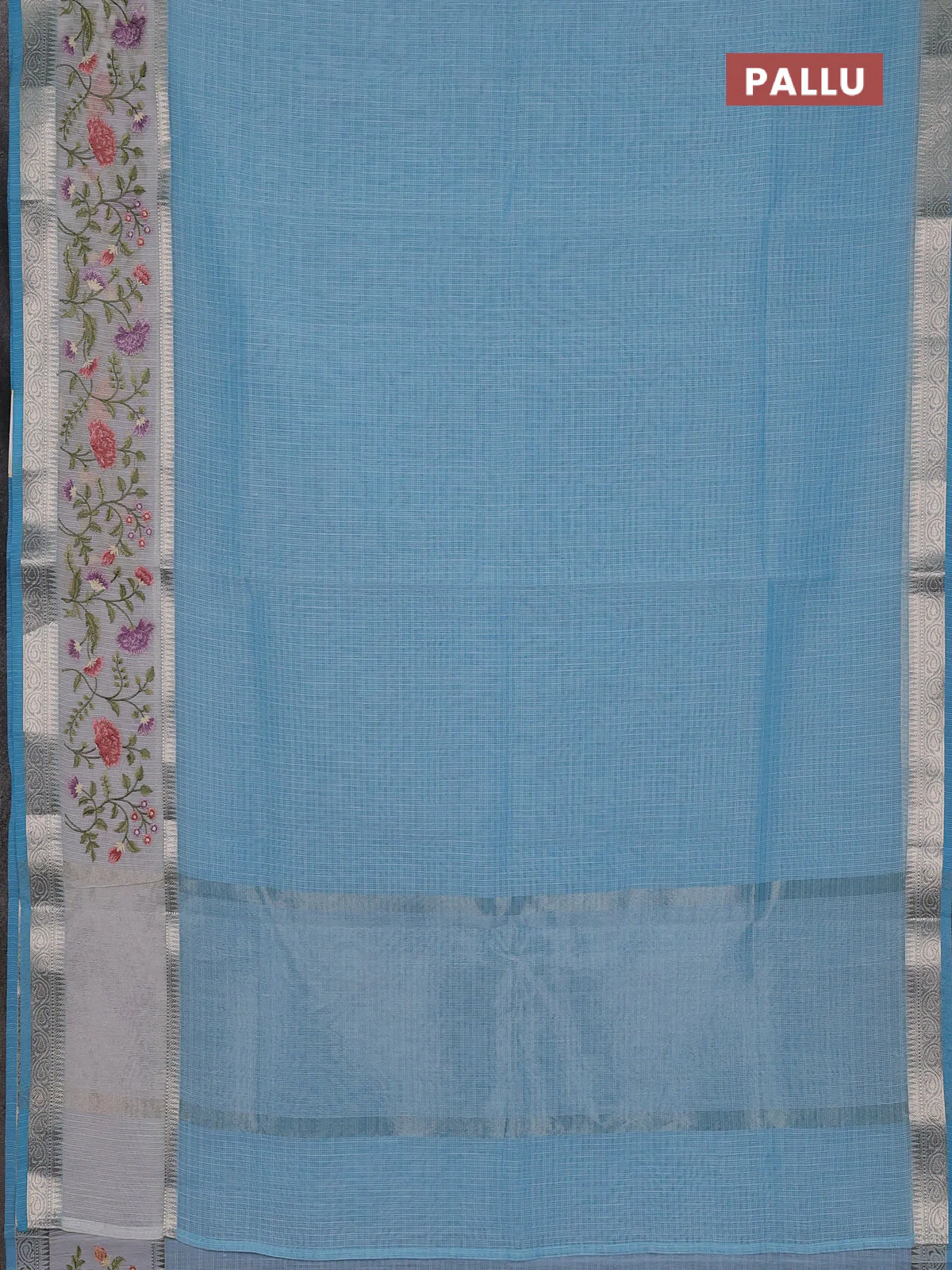 Kota saree light blue and off white with plain body and embroidery work border - Image 3