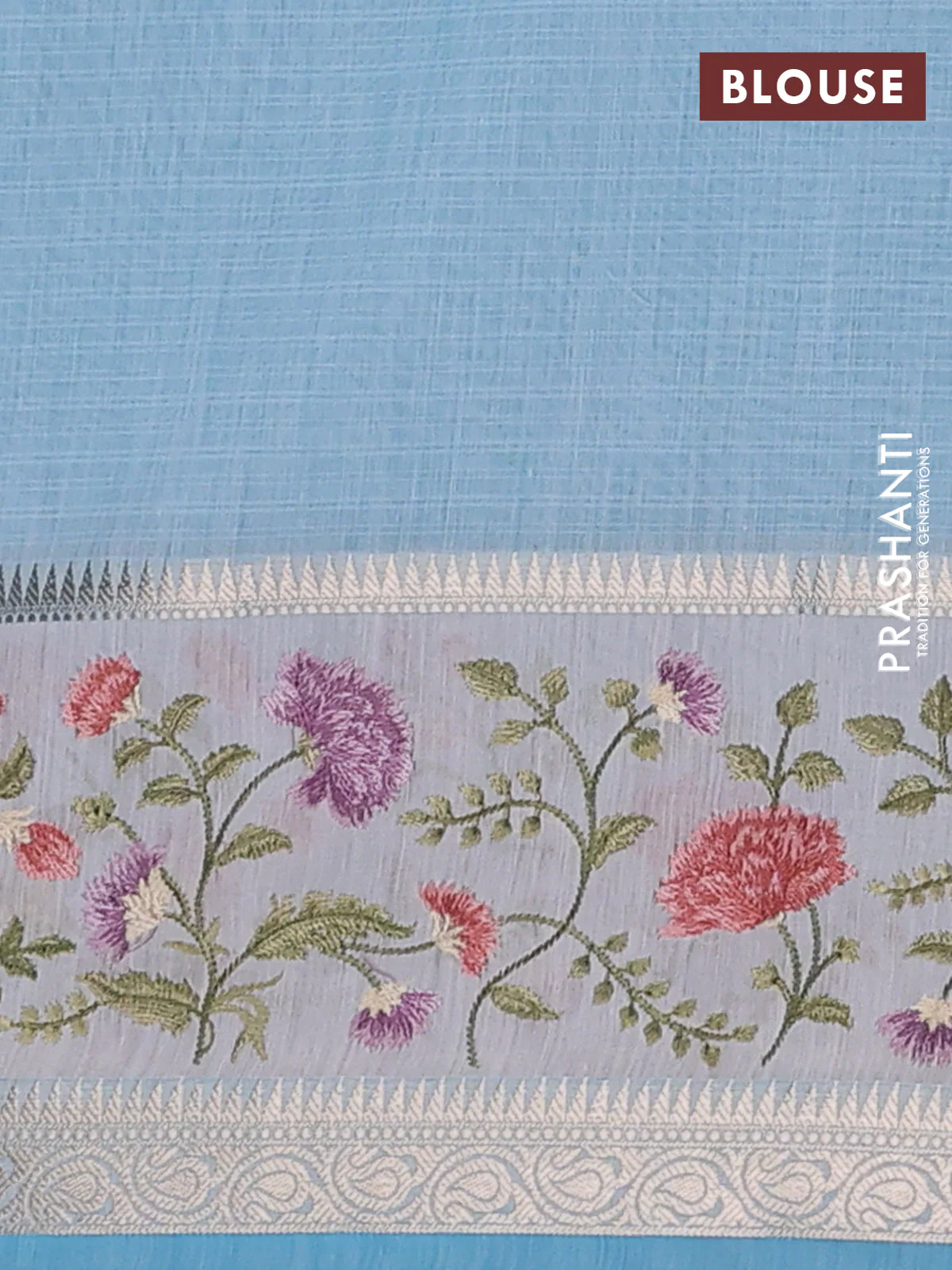 Kota saree light blue and off white with plain body and embroidery work border - Image 4