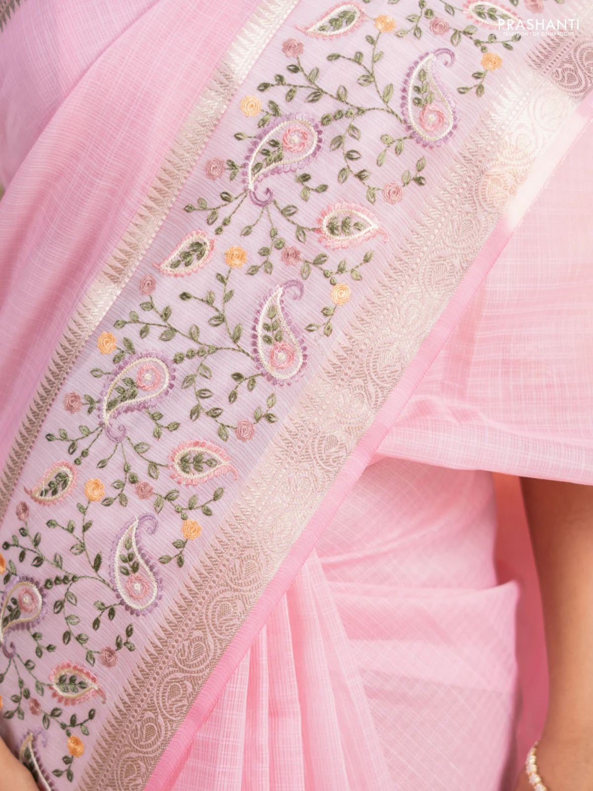 Kota saree light pink and off white with plain body and embroidery work border - Image 2