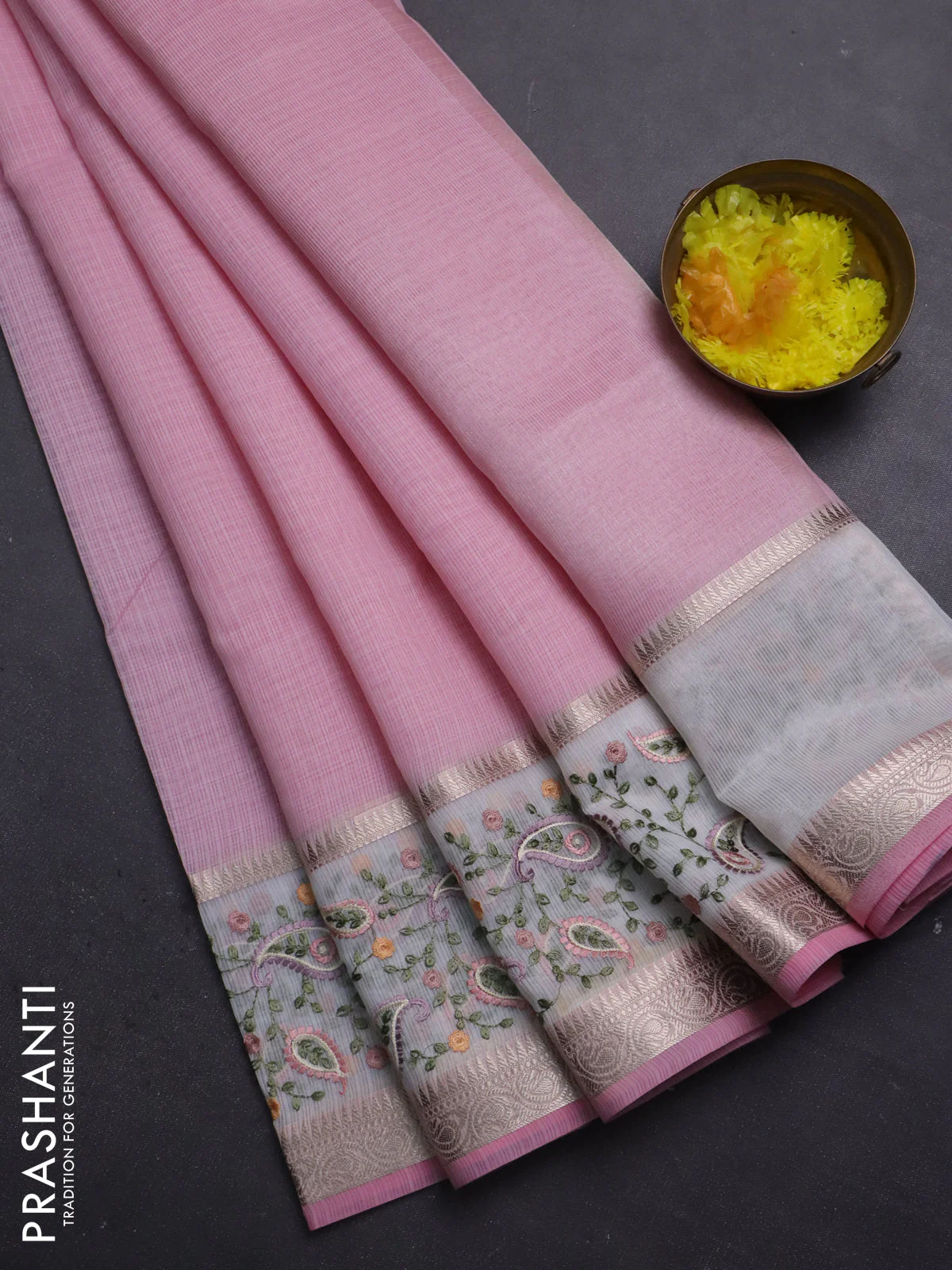 Kota saree light pink and off white with plain body and embroidery work border - Image 3