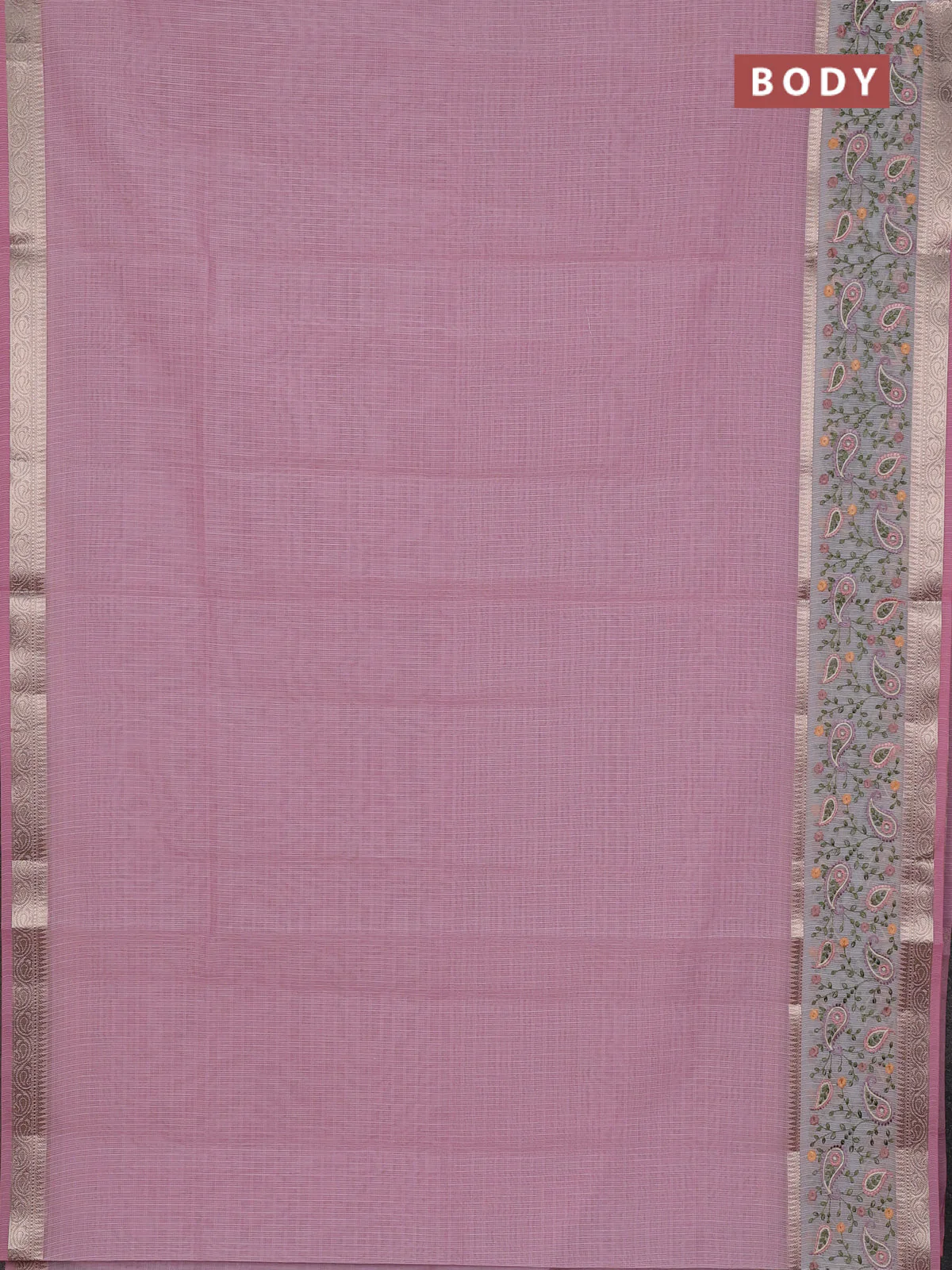 Kota saree light pink and off white with plain body and embroidery work border - Image 4