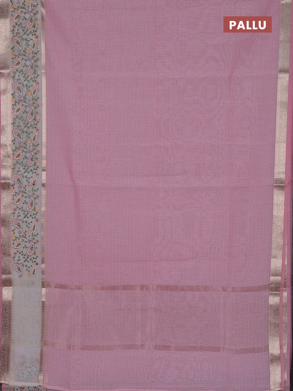 Kota saree light pink and off white with plain body and embroidery work border - Image 5