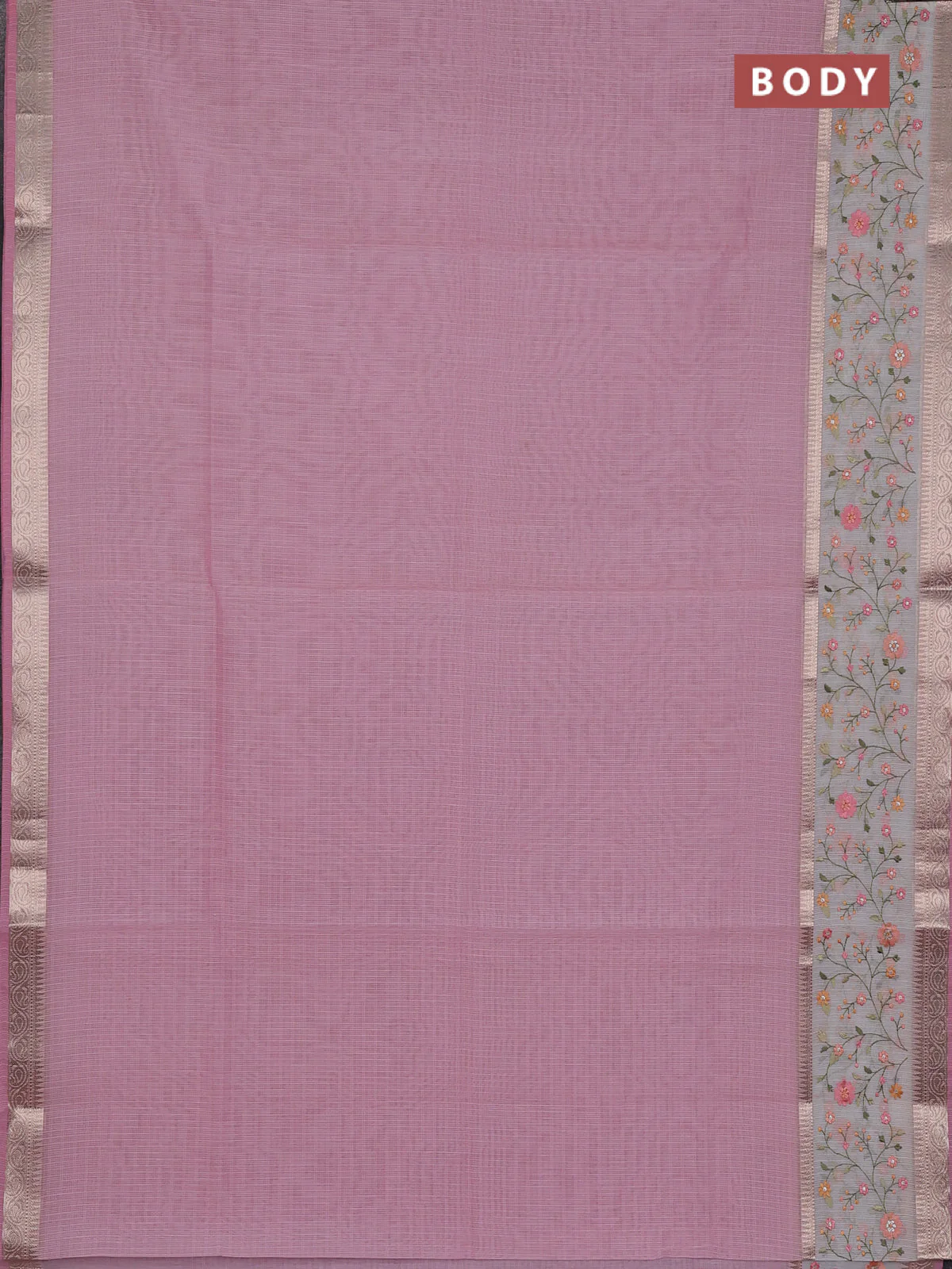 Kota saree light pink and off white with plain body and embroidery work border - Image 2