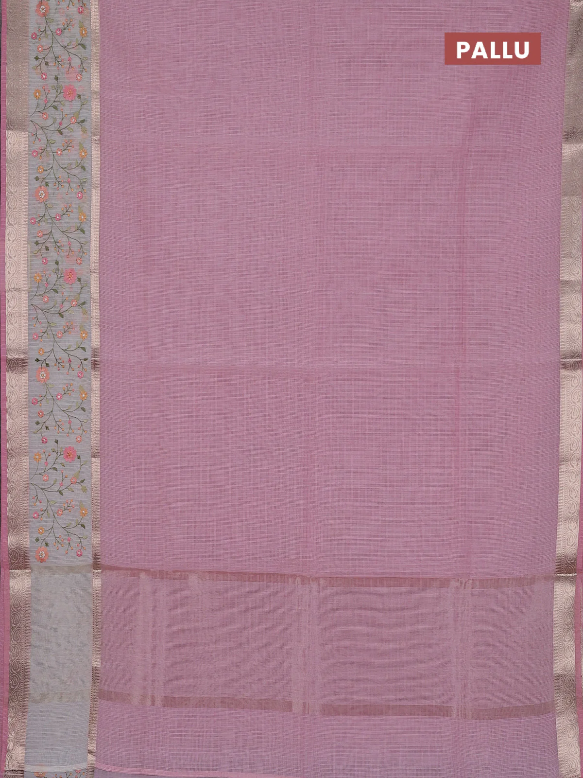 Kota saree light pink and off white with plain body and embroidery work border - Image 3