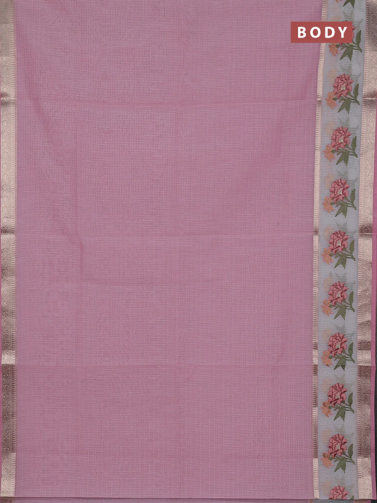 Kota saree light pink and off white with plain body and embroidery work border - Image 2