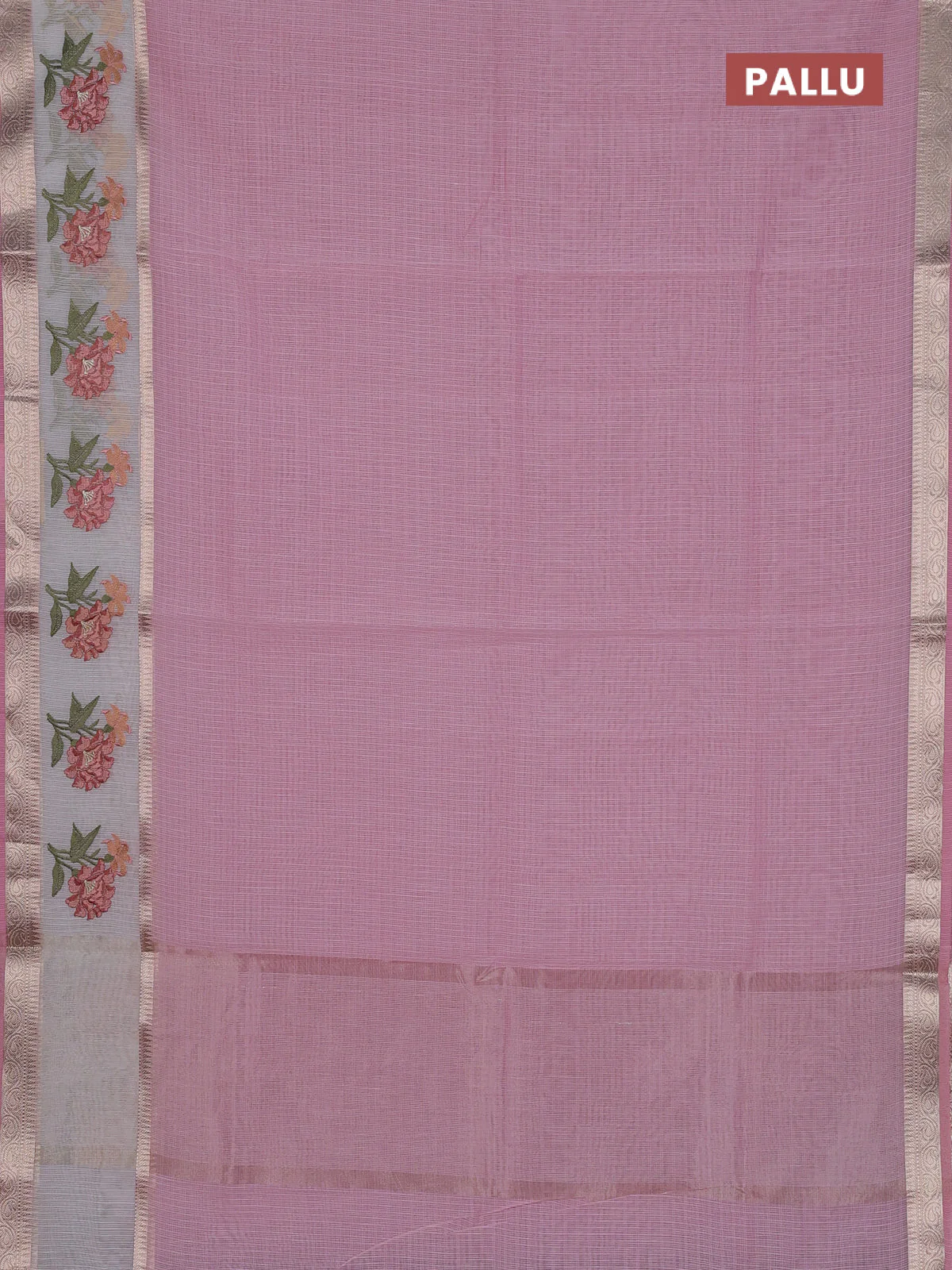 Kota saree light pink and off white with plain body and embroidery work border - Image 3
