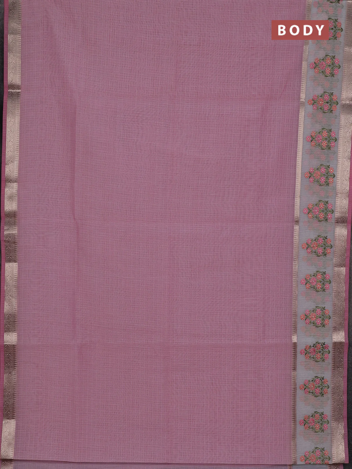 Kota saree light pink and off white with plain body and embroidery work border - Image 2