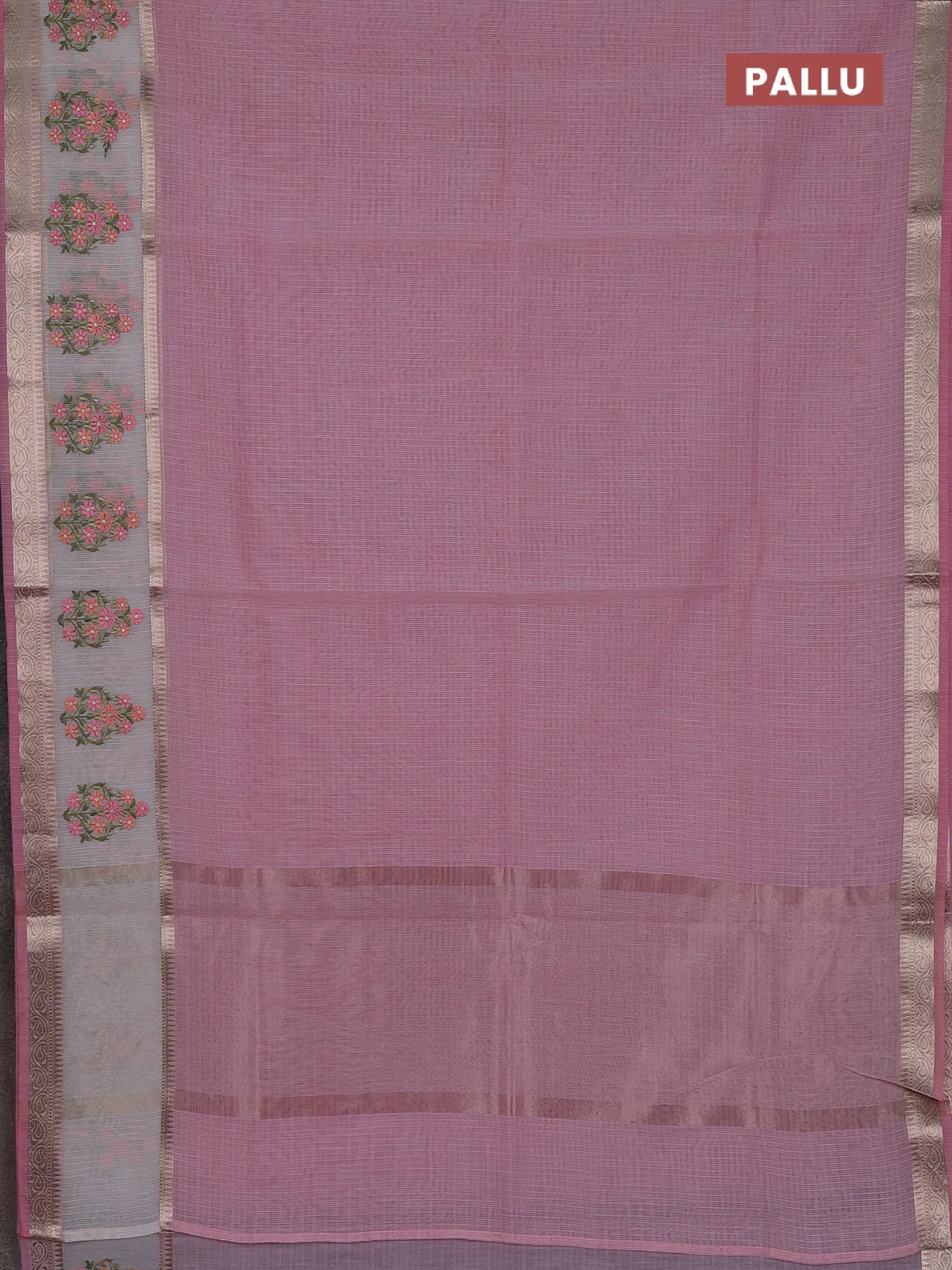 Kota saree light pink and off white with plain body and embroidery work border - Image 3