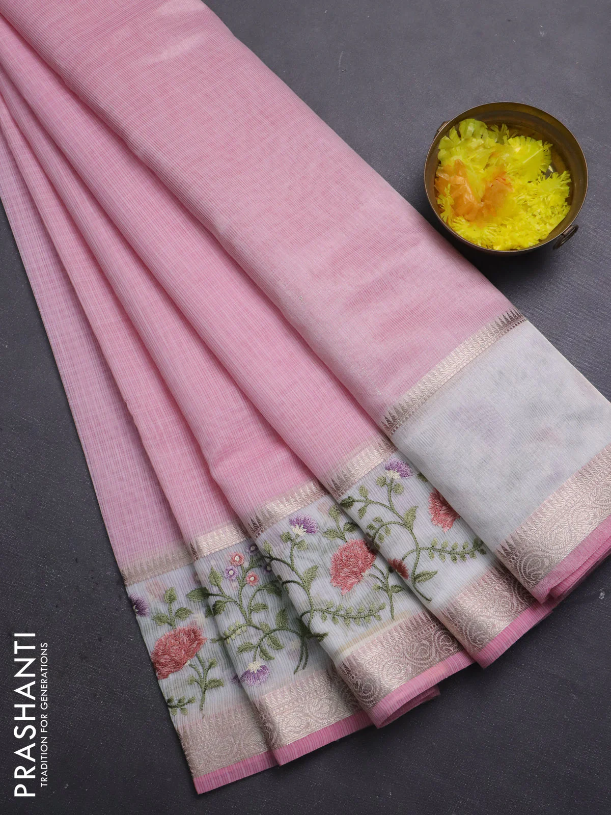 Kota saree light pink and off white with plain body and embroidery work border