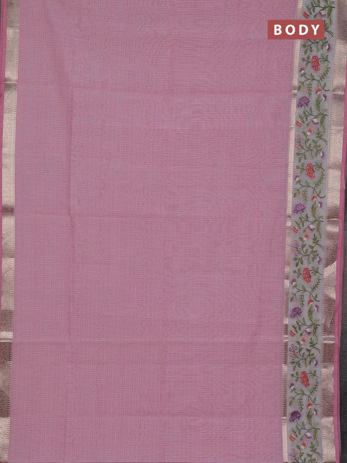 Kota saree light pink and off white with plain body and embroidery work border - Image 2