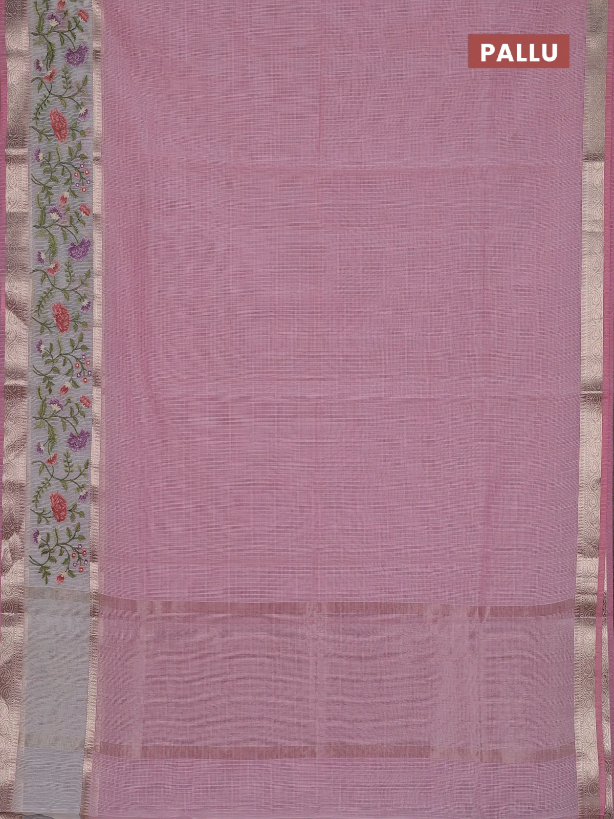 Kota saree light pink and off white with plain body and embroidery work border - Image 3