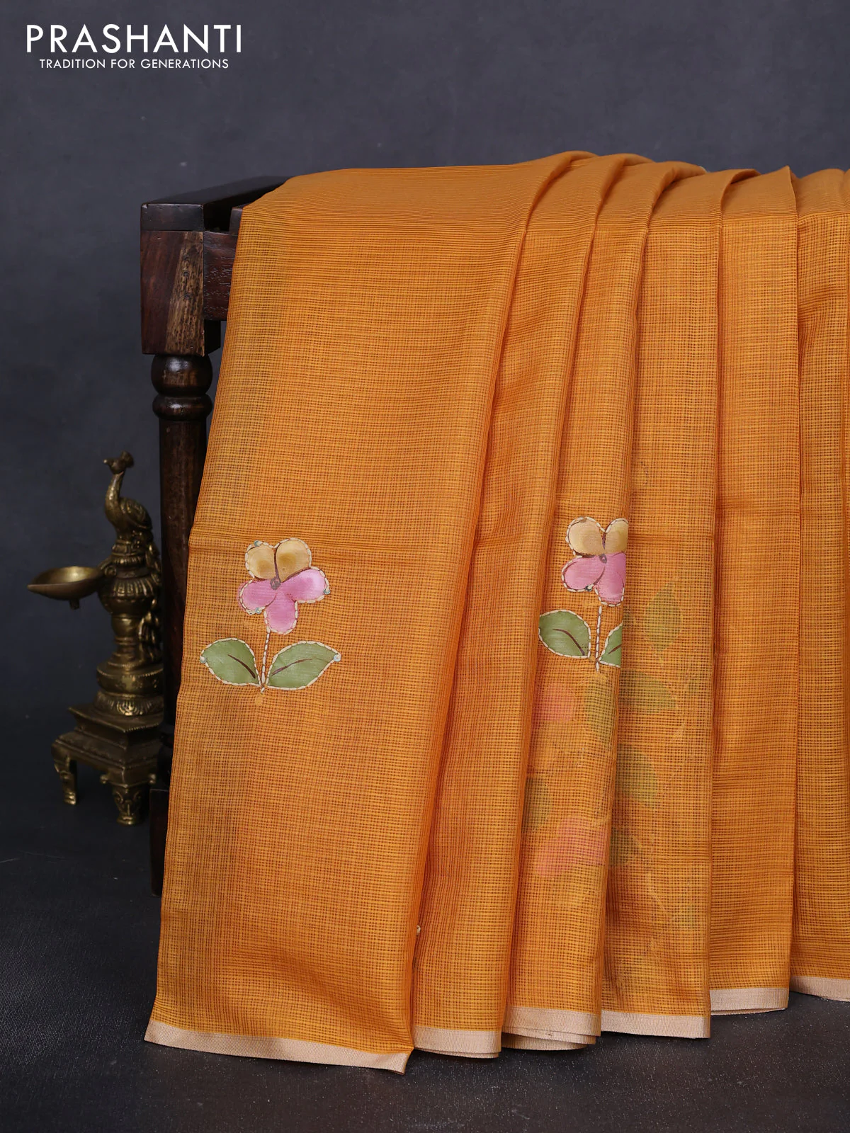 Kota saree mustard yellow with hand prints & kantha stitch work and zari woven piping border - Image 2