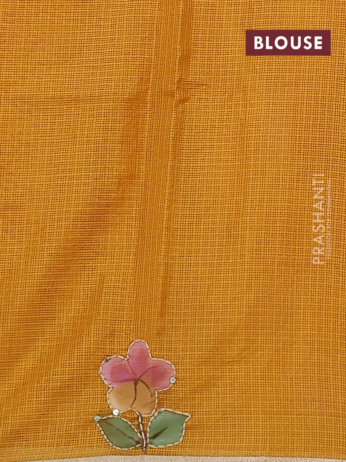 Kota saree mustard yellow with hand prints & kantha stitch work and zari woven piping border - Image 3