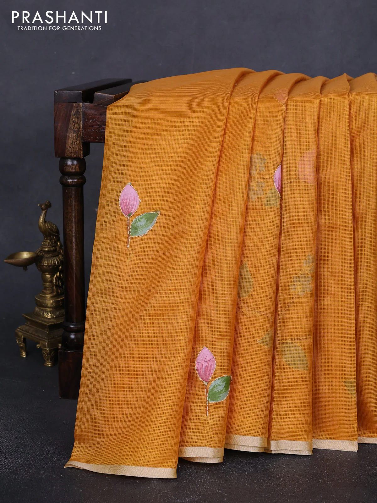 Kota saree mustard yellow with hand prints & kantha stitch work and zari woven piping border - Image 2