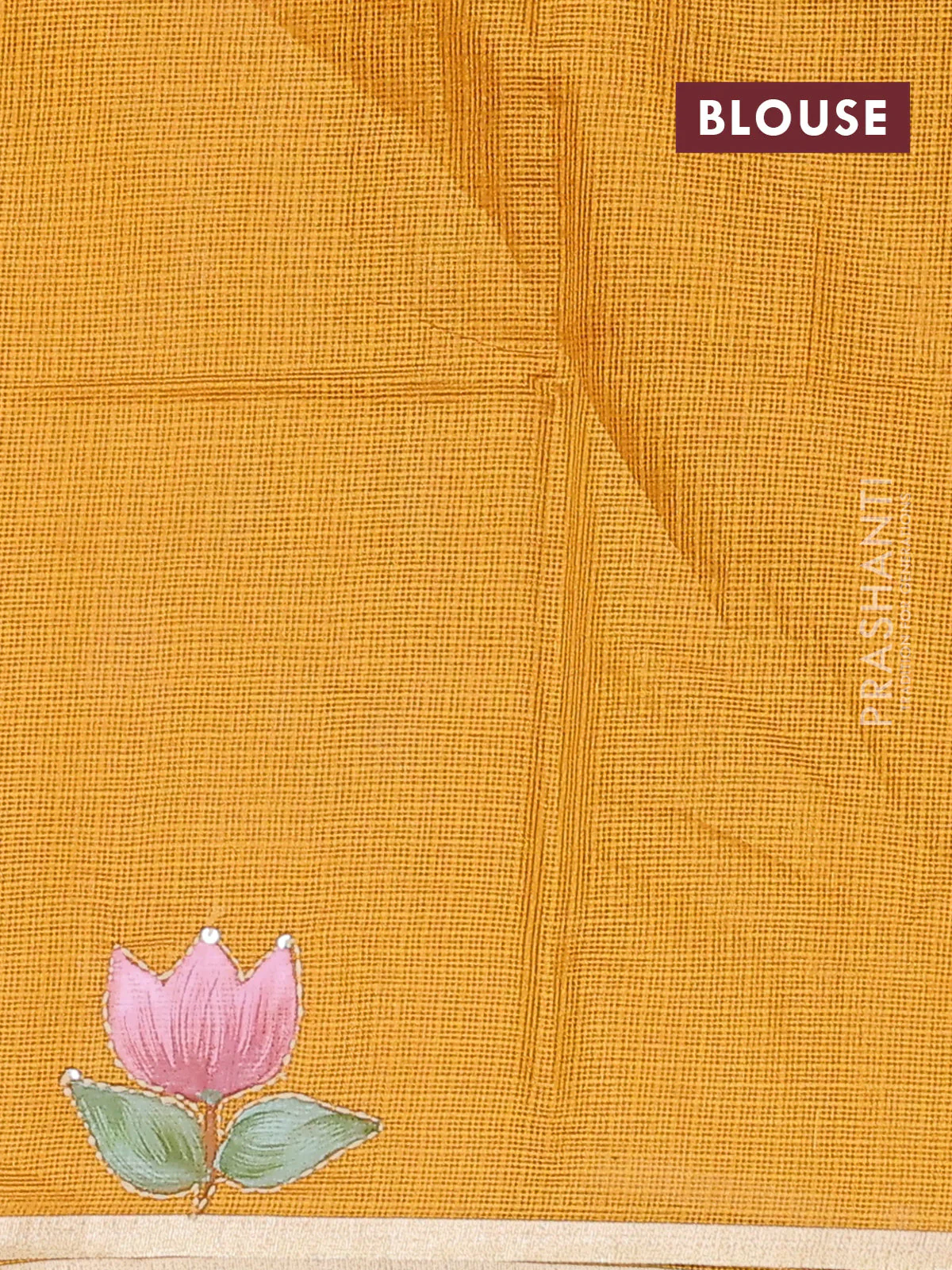 Kota saree mustard yellow with hand prints & kantha stitch work and zari woven piping border - Image 3