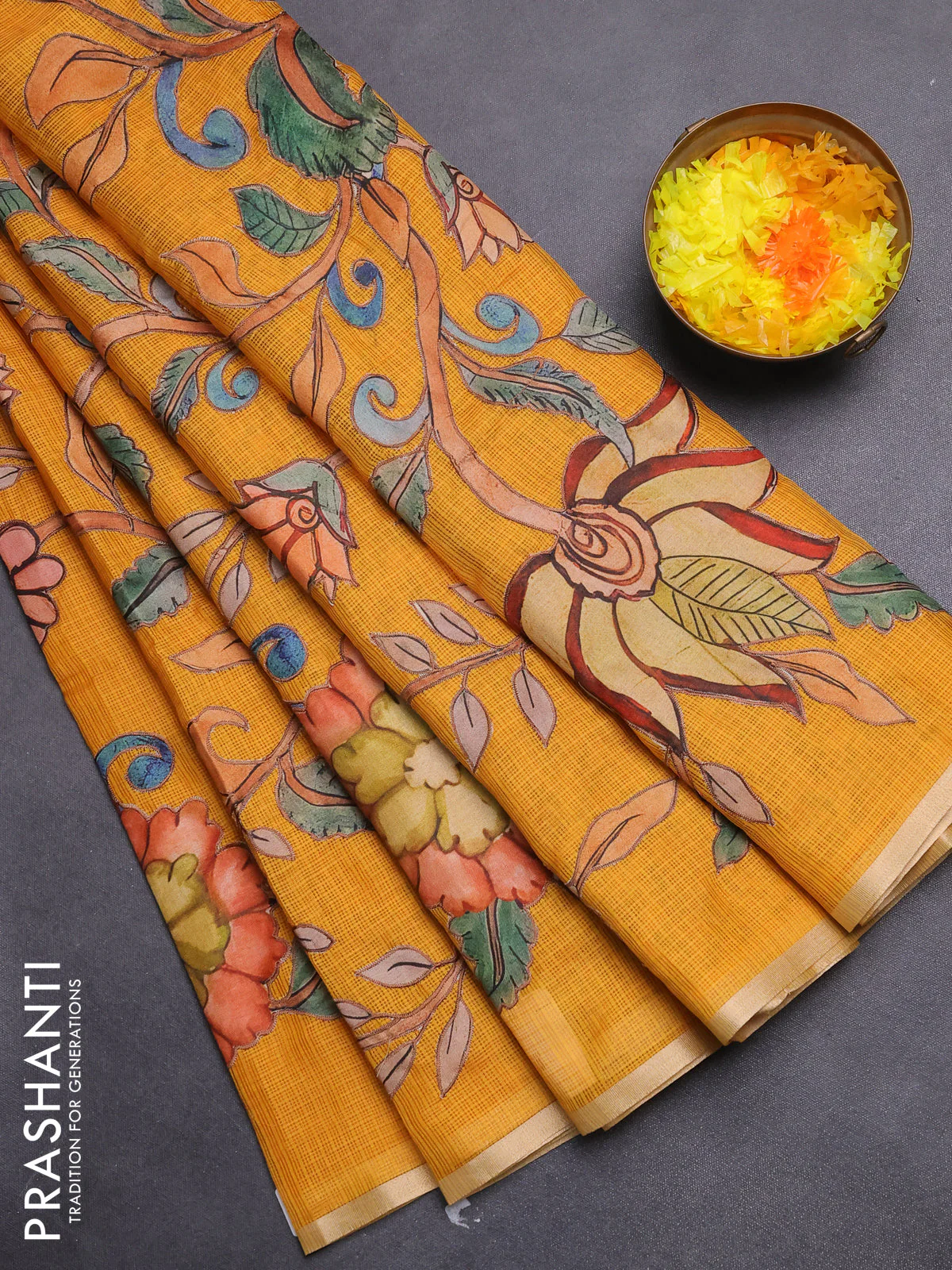 Kota saree mustard yellow with kalamkari applique work - Image 2