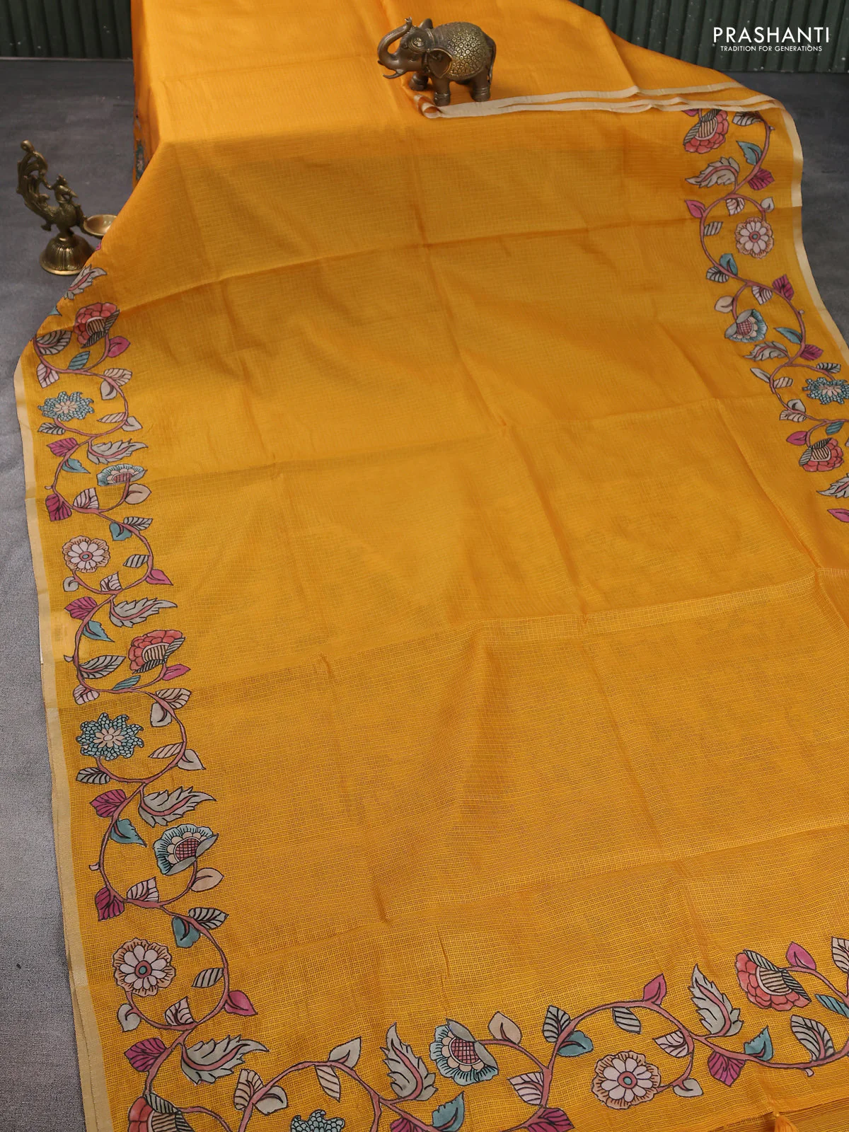 Kota saree mustard yellow with kalamkari applique work - Image 2
