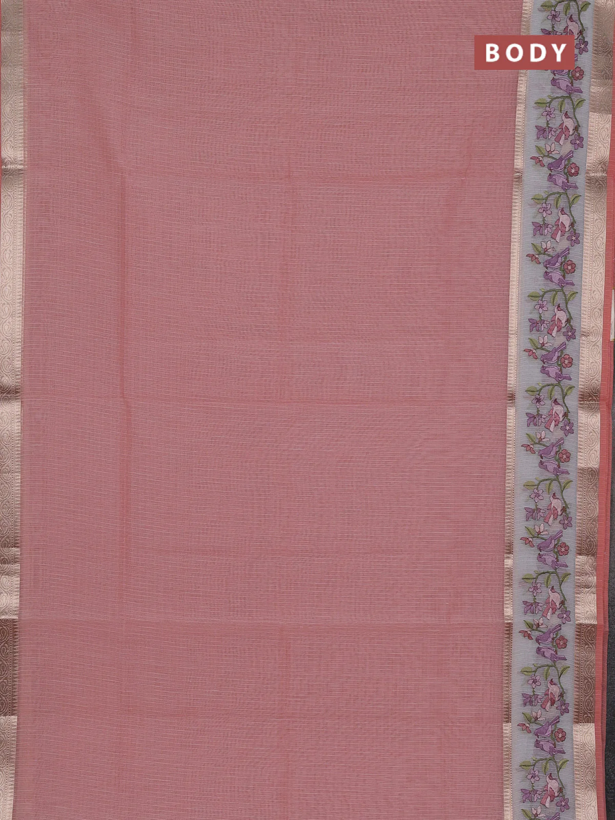 Kota saree peach shade and off white with plain body and embroidery work border - Image 2