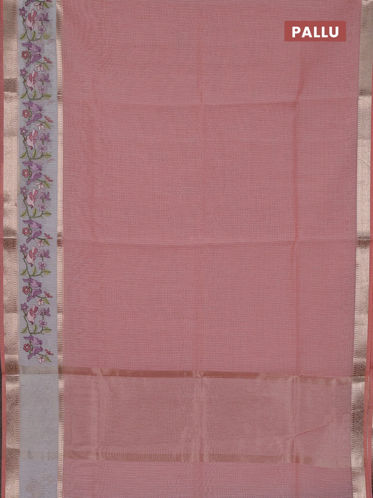 Kota saree peach shade and off white with plain body and embroidery work border - Image 3