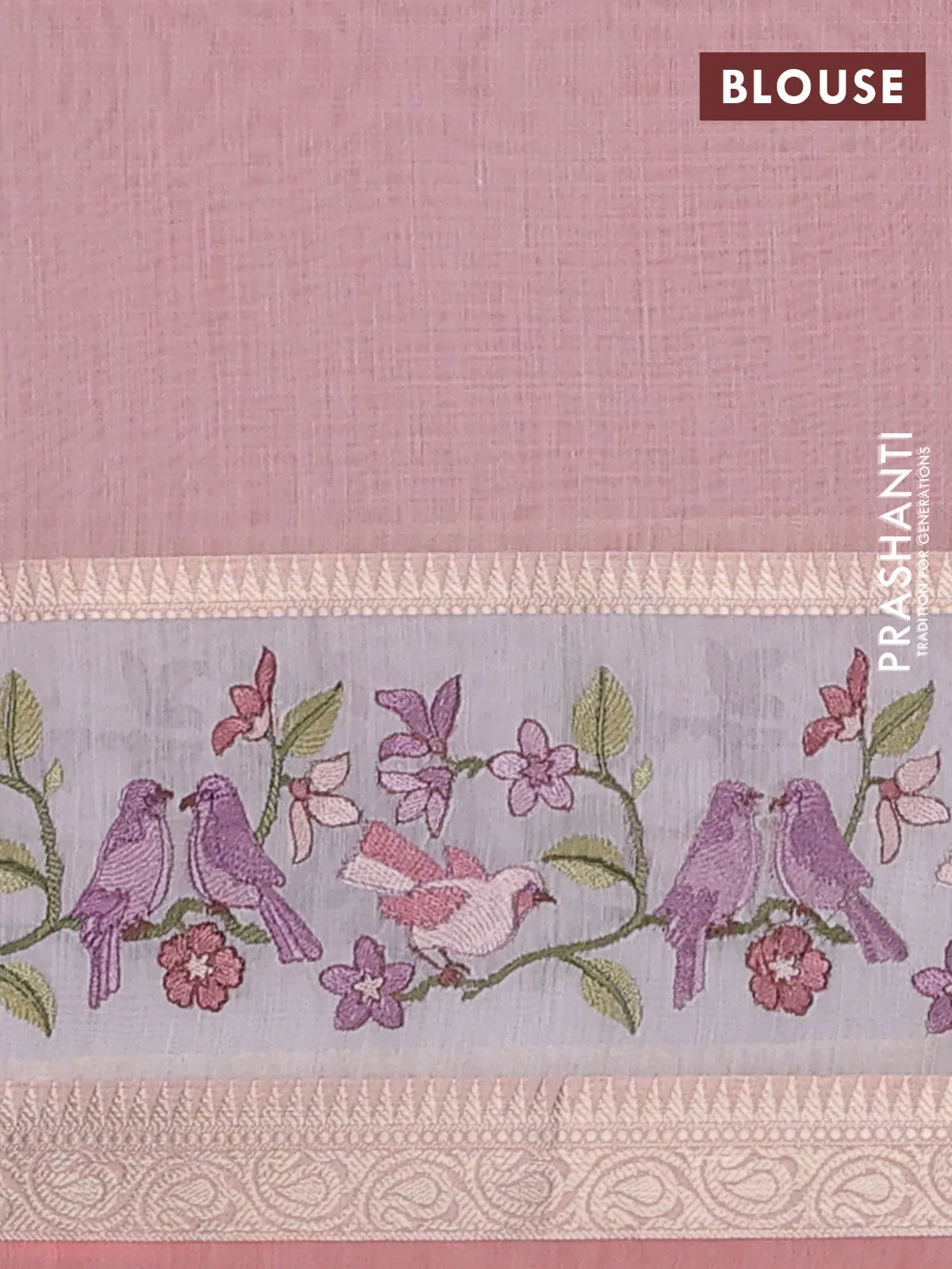 Kota saree peach shade and off white with plain body and embroidery work border - Image 4