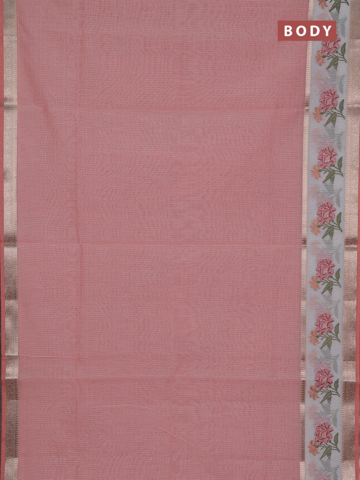 Kota saree peach shade and off white with plain body and embroidery work border - Image 2