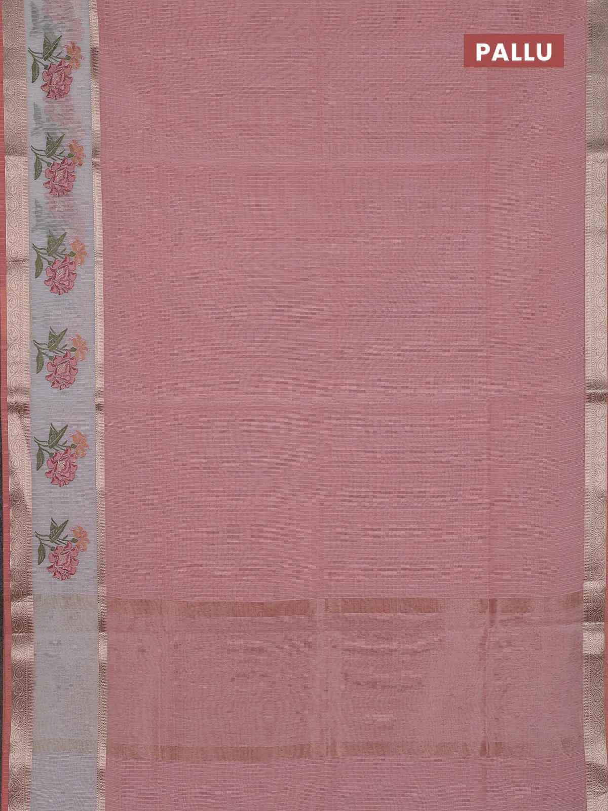 Kota saree peach shade and off white with plain body and embroidery work border - Image 3