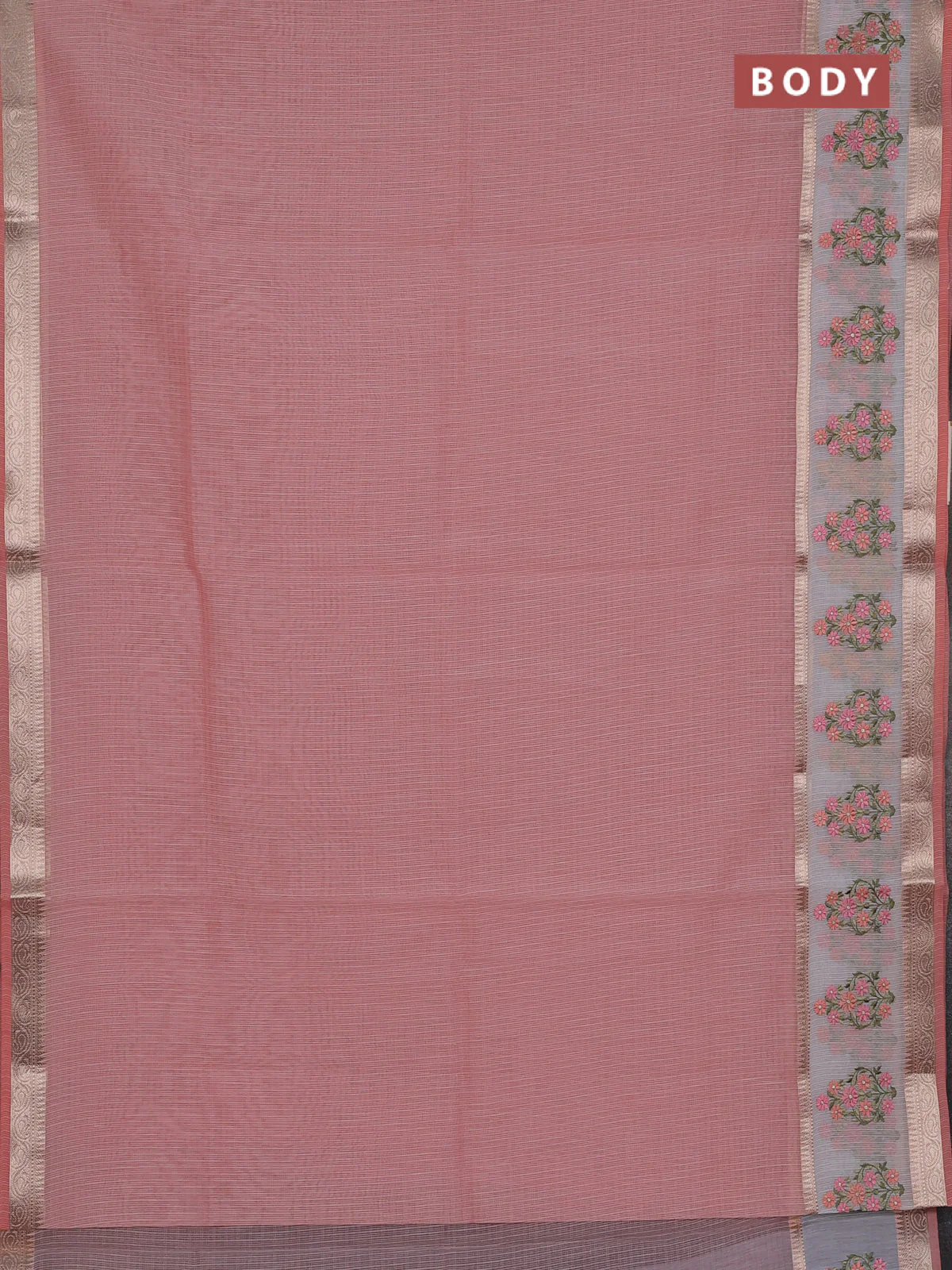 Kota saree peach shade and off white with plain body and embroidery work border - Image 2