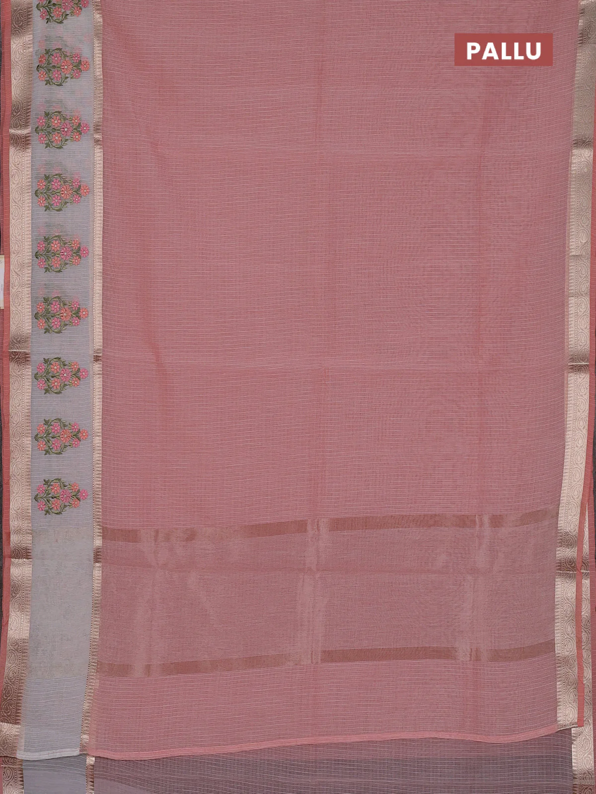 Kota saree peach shade and off white with plain body and embroidery work border - Image 3