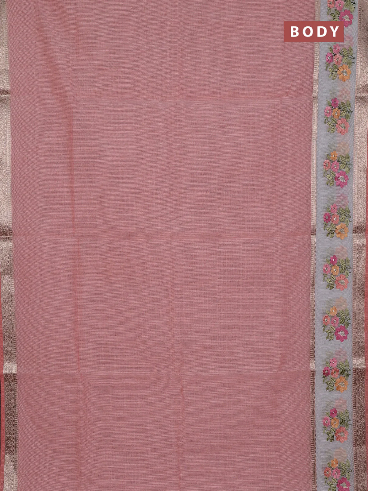Kota saree peach shade and off white with plain body and embroidery work border - Image 2