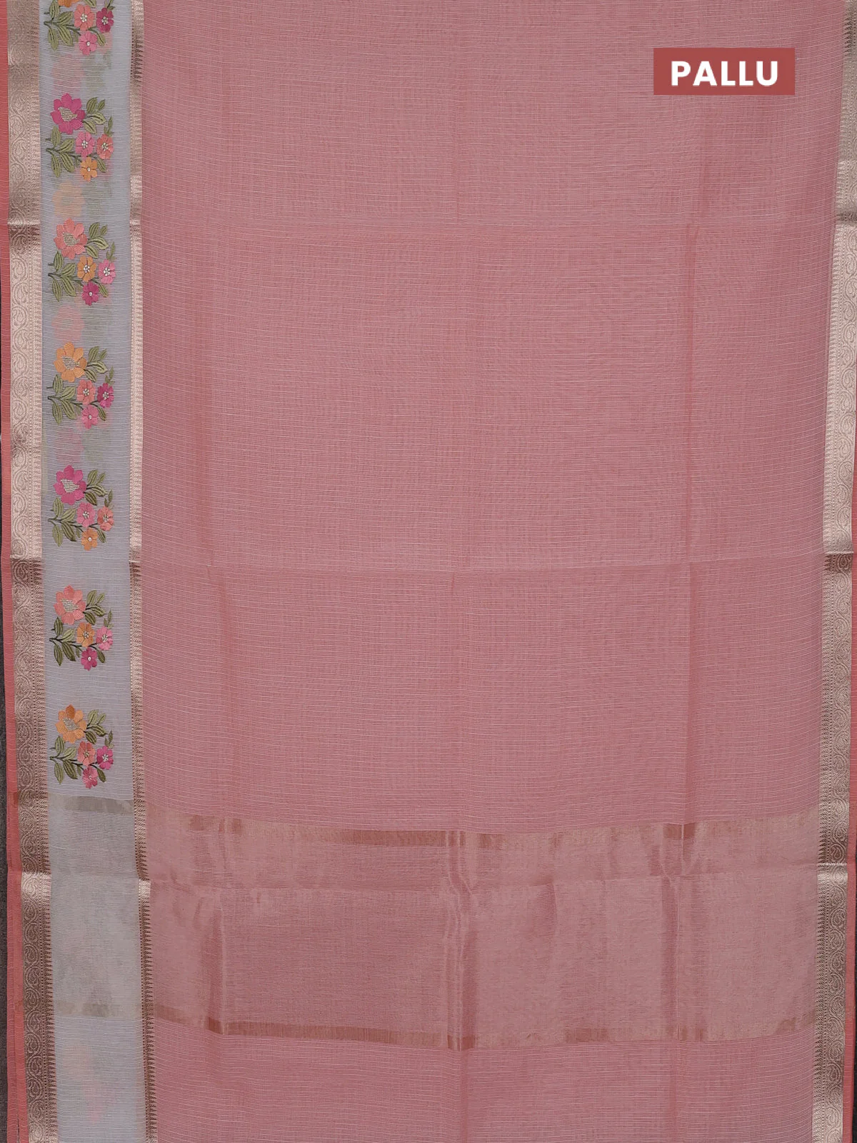 Kota saree peach shade and off white with plain body and embroidery work border - Image 3