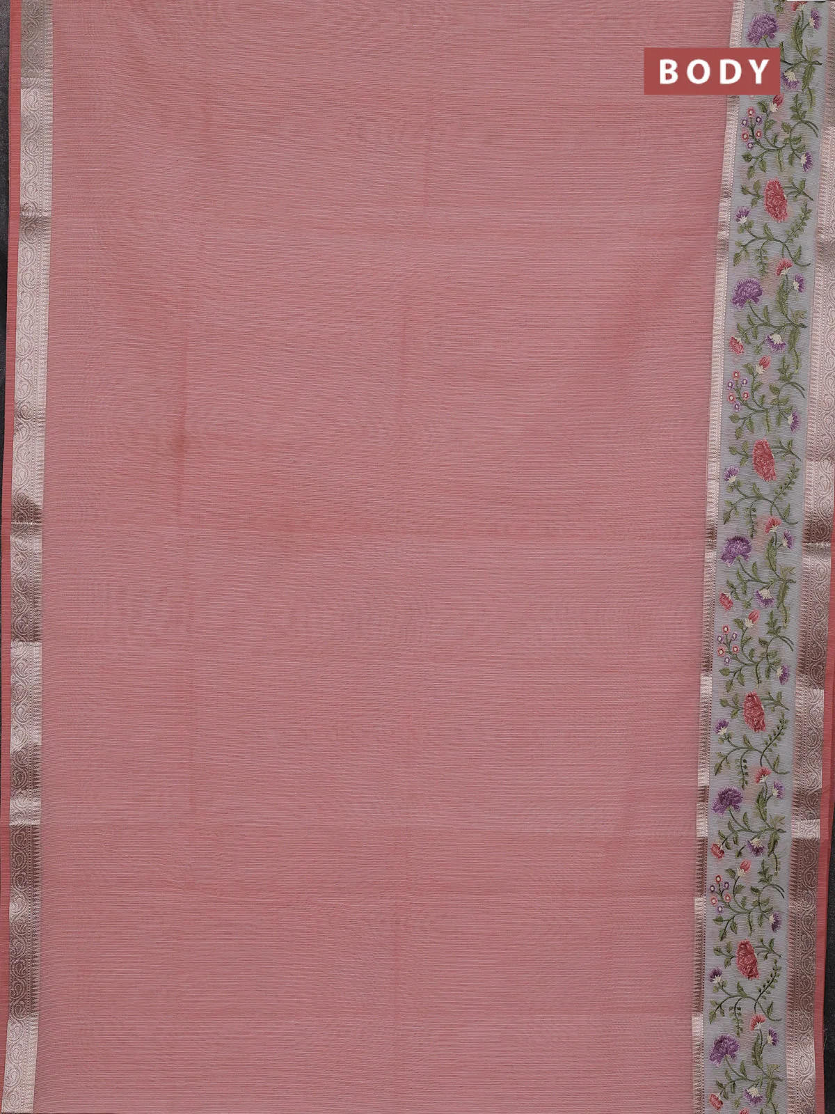 Kota saree peach shade and off white with plain body and embroidery work border - Image 2