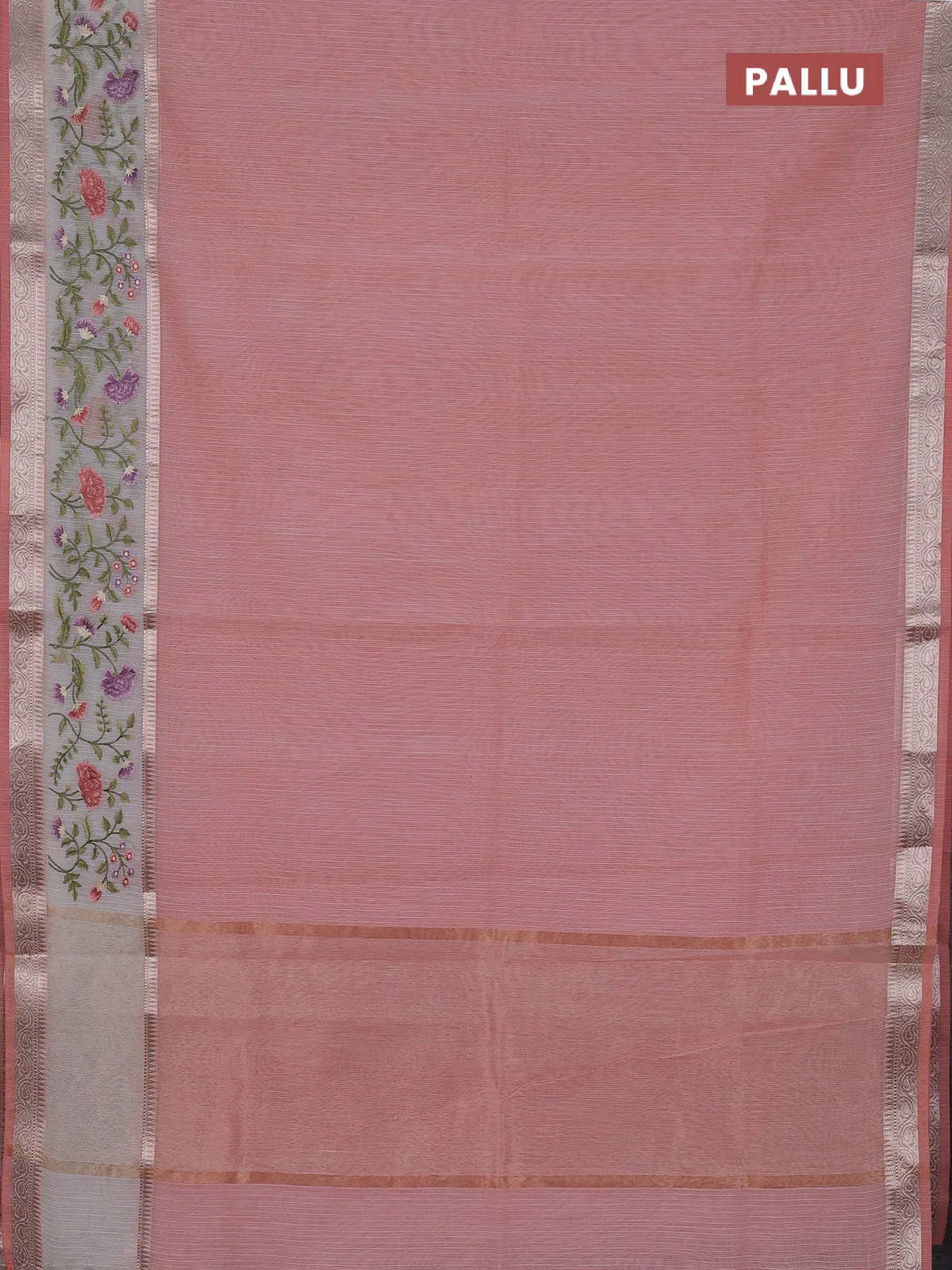 Kota saree peach shade and off white with plain body and embroidery work border - Image 3