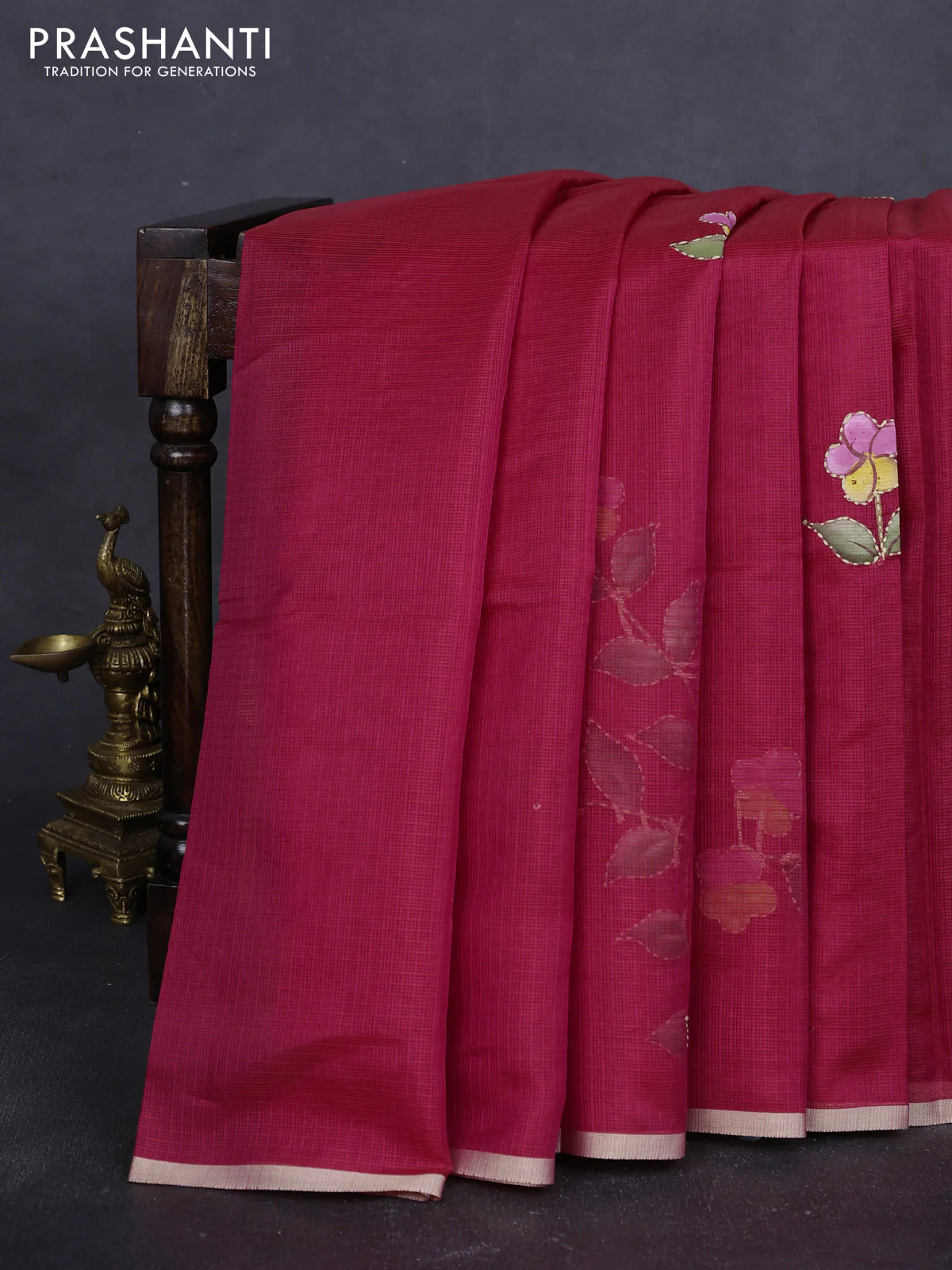 Kota saree pink with hand prints & kantha stitch work and zari woven piping border - Image 2
