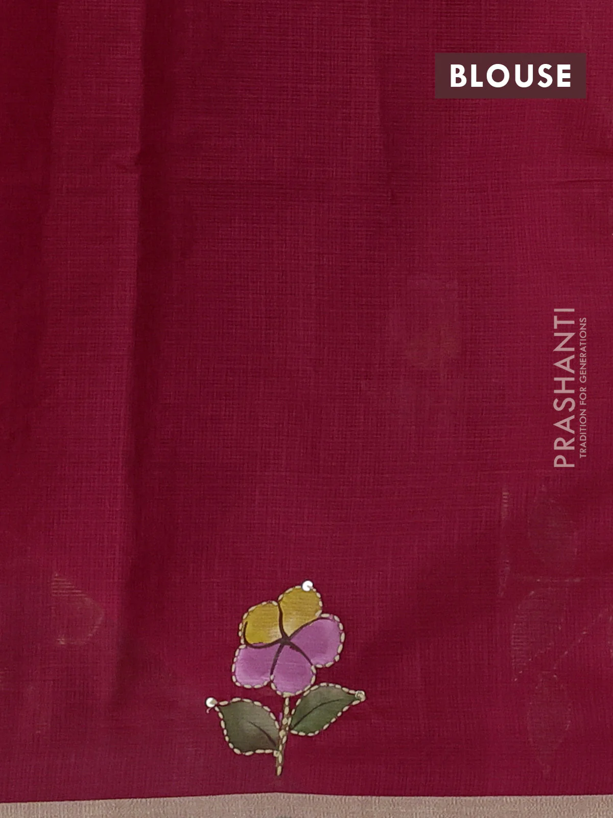 Kota saree pink with hand prints & kantha stitch work and zari woven piping border - Image 3