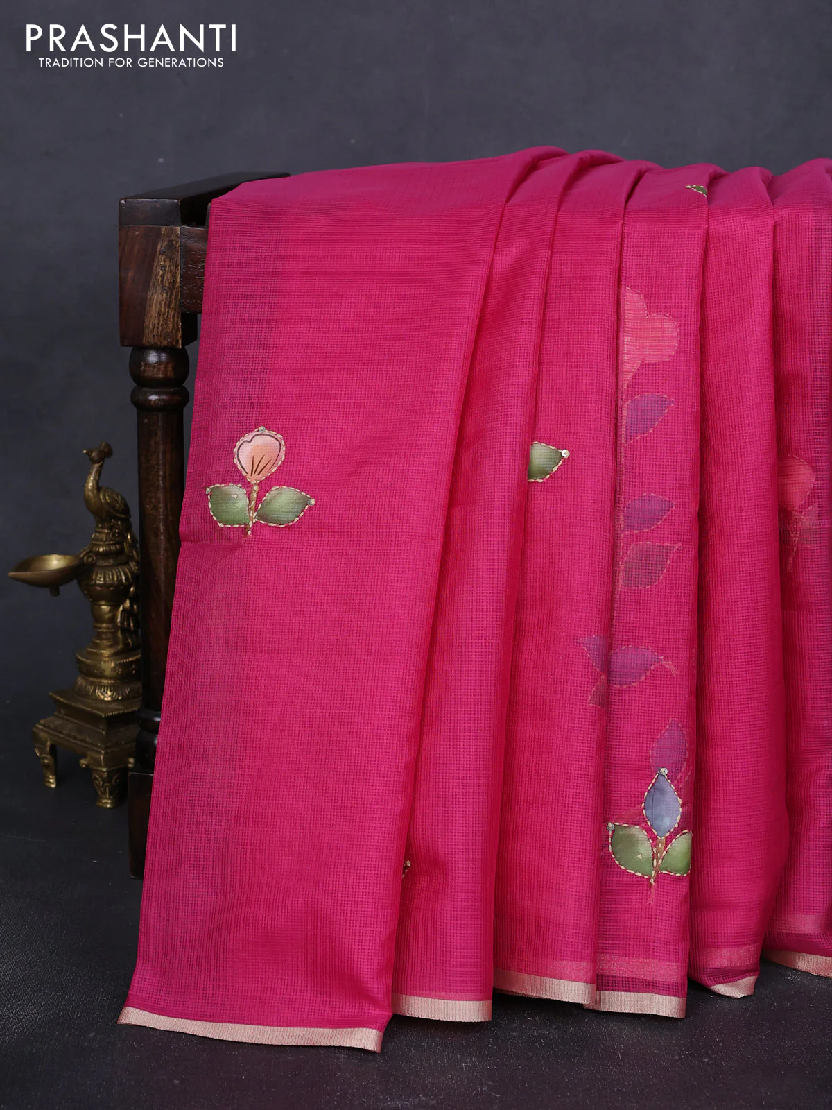 Kota saree pink with hand prints & kantha stitch work and zari woven piping border - Image 2