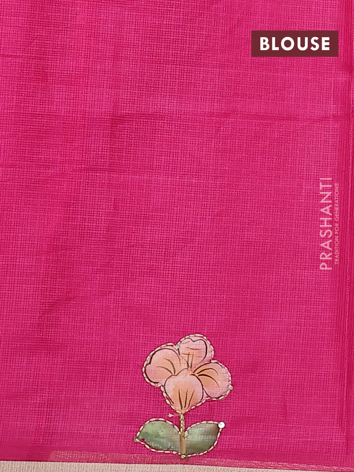 Kota saree pink with hand prints & kantha stitch work and zari woven piping border - Image 3