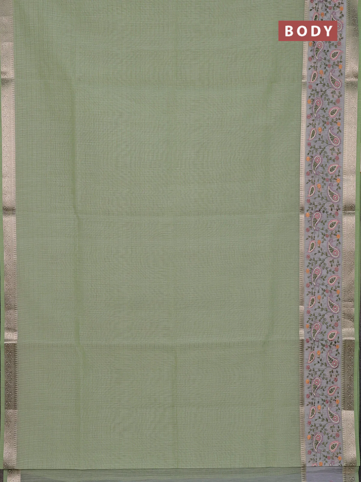 Kota saree pista green and off white with plain body and embroidery work border - Image 2
