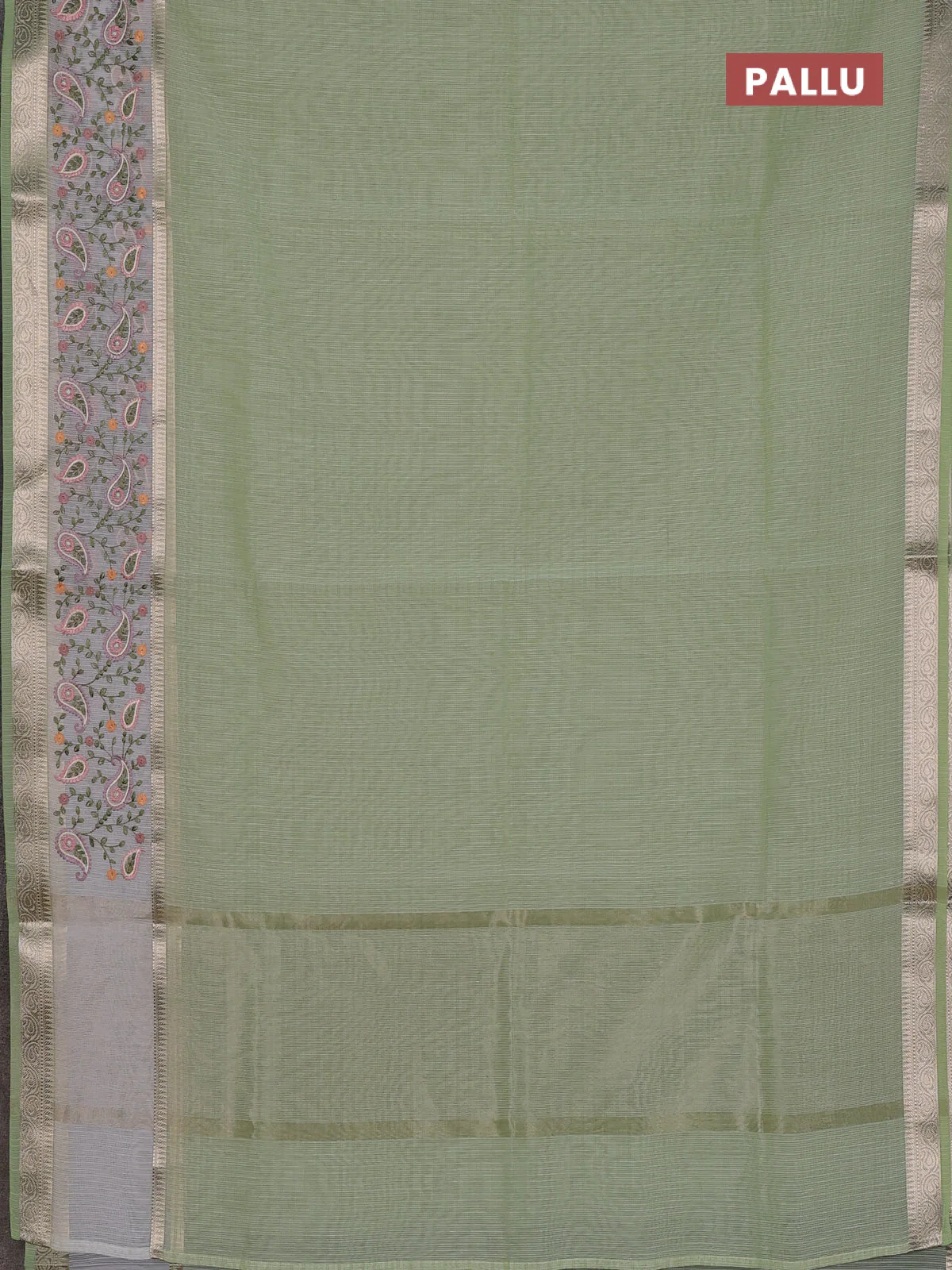Kota saree pista green and off white with plain body and embroidery work border - Image 3