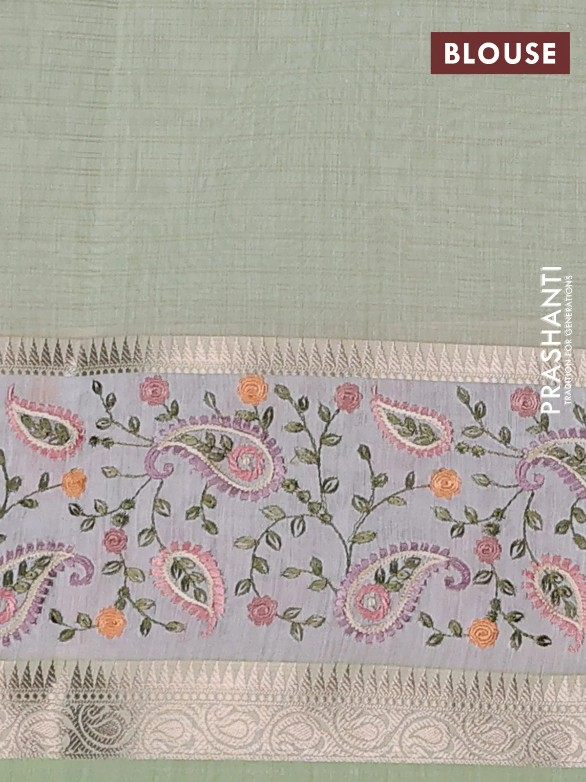 Kota saree pista green and off white with plain body and embroidery work border - Image 4