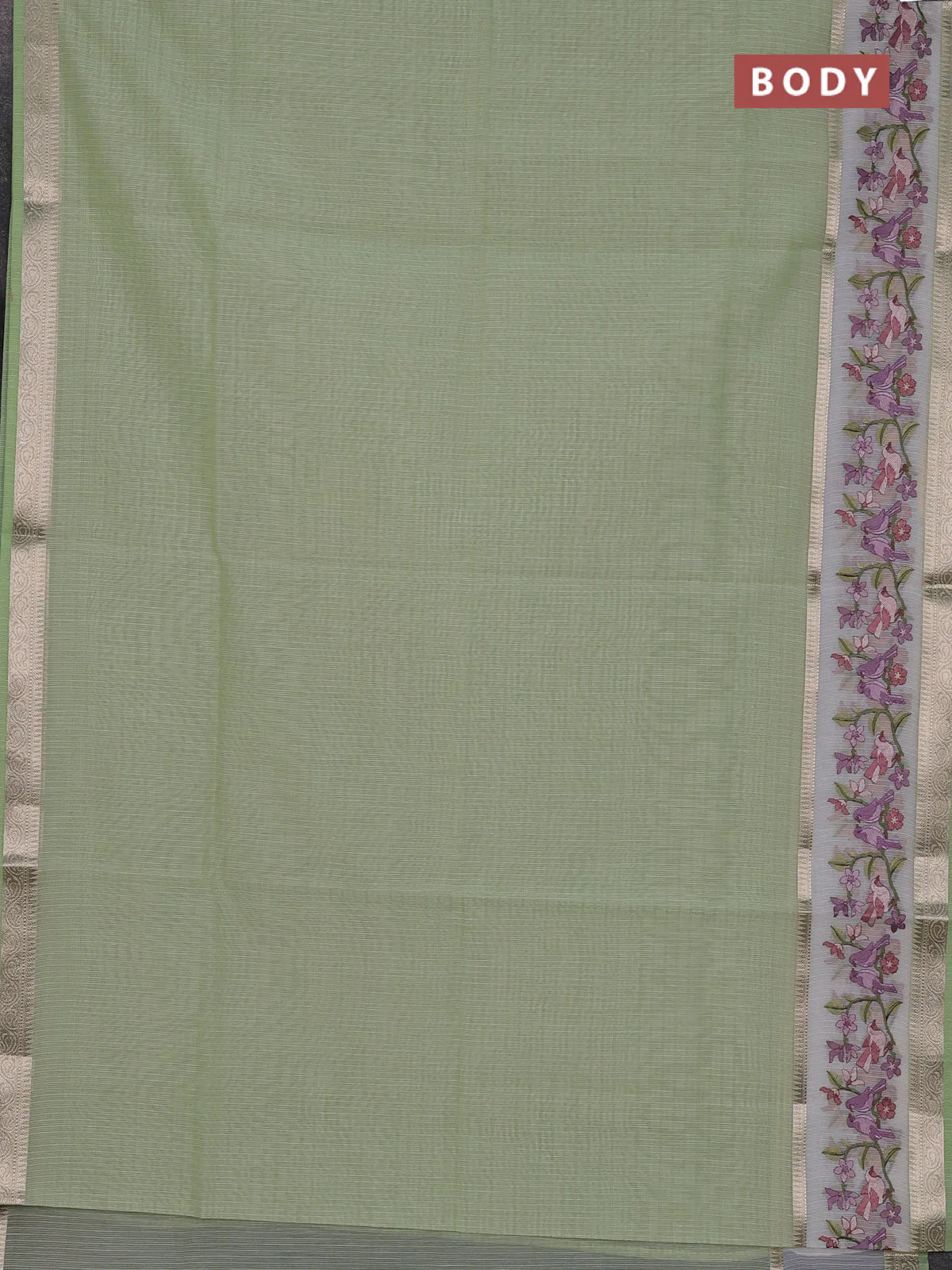 Kota saree pista green and off white with plain body and embroidery work border - Image 2